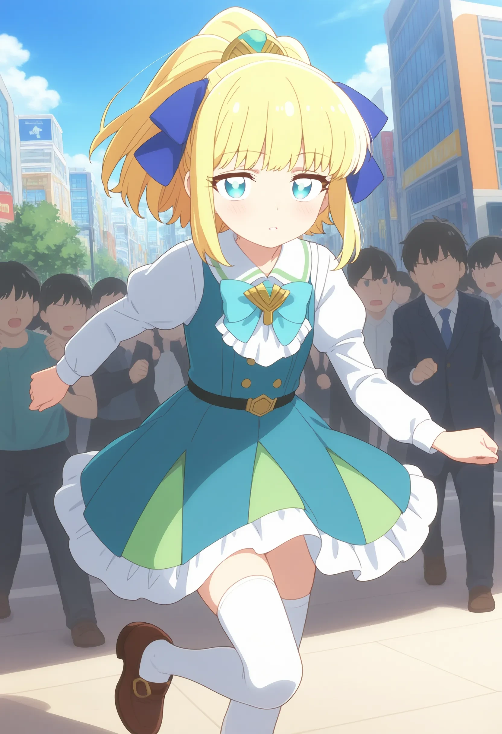 1girl, okanega_arisu, blonde hair, ponytail, hair ribbon, hair ornament, aqua eyes, aqua dress, white sleeves, bowtie, thighhighs, brown shoes, 
running towards viewer, running, looking at viewer, Seductive, A sultry gaze, a slightly parted lips, and a hint of a smile., solo, solo focus, outdoors, city, crowd, audience, 
masterpiece, best quality, absurdres, unity 8k wallpaper, official art, official style, source_anime, uncensored, anime screencap, anime coloring, (ai-generated:0.6) <lora:PKS-okanega_arisu_XL(ill)v10:1>