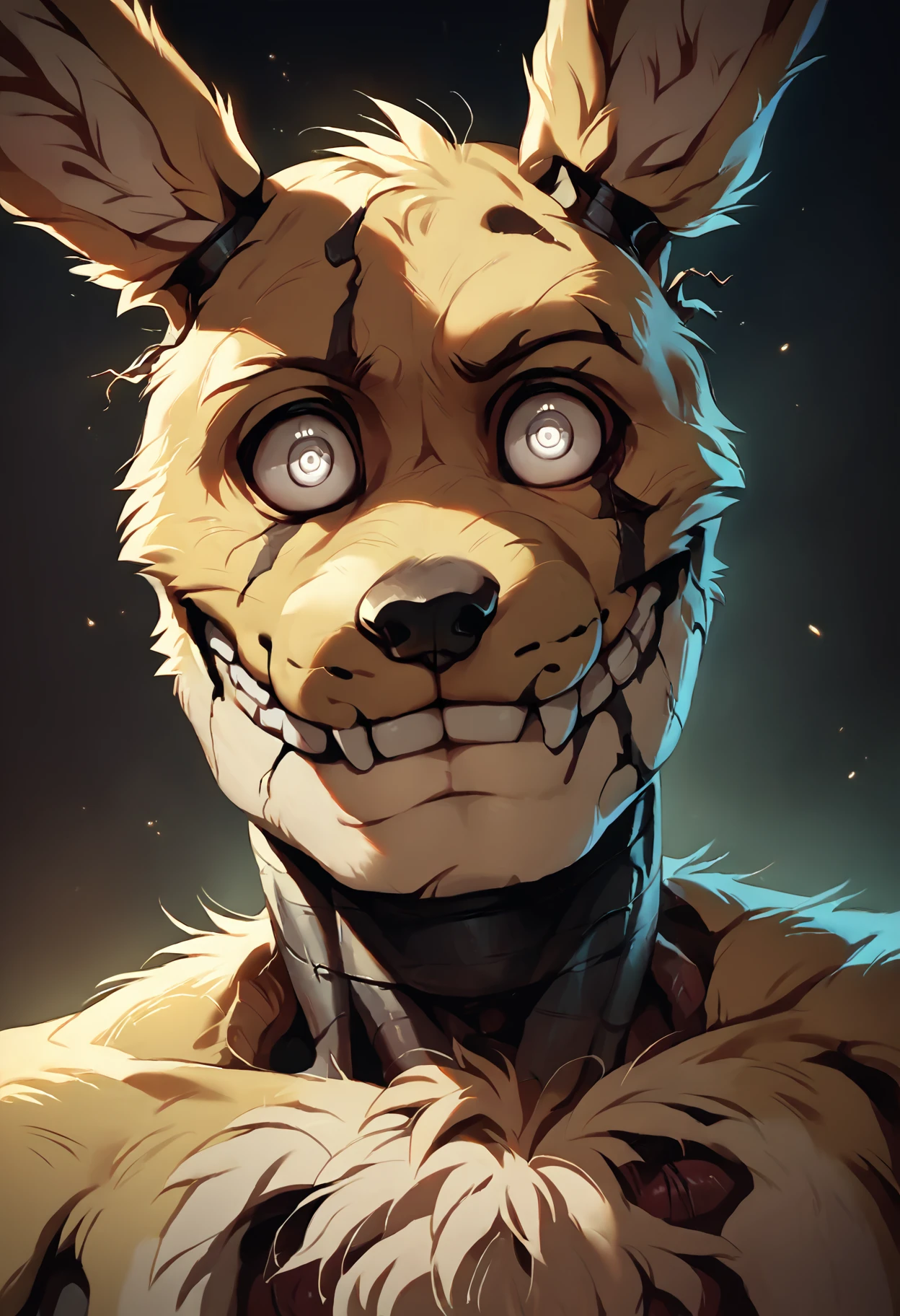 score_9, score_8_up, score_7_up, score_6_up, solo, source_furry, (springtrap, furry, rabbit), portrait, (close-up), closed mouth, white eyes, sweet smile, teeth, detailed fur, dark background, highly detailed face, fnaf, male focus, cinematic, realistic <lora:Springtrap_v4:0.97>