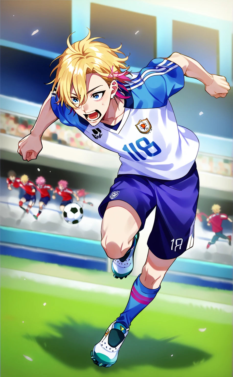 (((Super thin illustration,High resolution, muste piece, best quality,best quality)))、high quality, detailed, (little boy),12 years old, A young ace striker with a super cute face,A boy as beautiful as Planding, Cool handsome face with smile, soccer spike, long legs, thighs, Foots, Bulge, (Blonde hair、Spiky hairstyle)、shiny hair, (tight shiny orange soccer uniform suit), (tight and shiny soccer shorts), (Soccer Socks), grassy area, cool pose, (厚いthighs、Seduce your big ass to your crotch)、(((soccer field in the park:1.2)))、((Saucy、))、grinning grin、(((standing splits:1.4))),ultra fine painting, (best quality, In 4K, 8K, High resolution, muste piece),((detailedな目))、cute eyes、I-shaped balance、raise your legs、(((正確でdetailedな脚:1.4))),