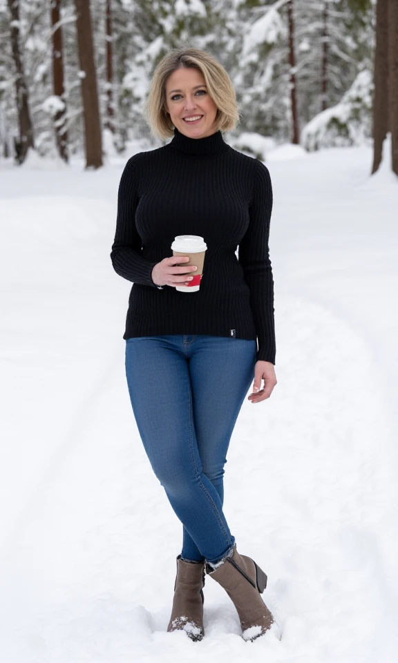 Dee Williams wears a turtleneck pullover and jeans and snowboot. The stands in the snow posing and holding a hot wine cup. <lora:Dee_Williams:0.9>