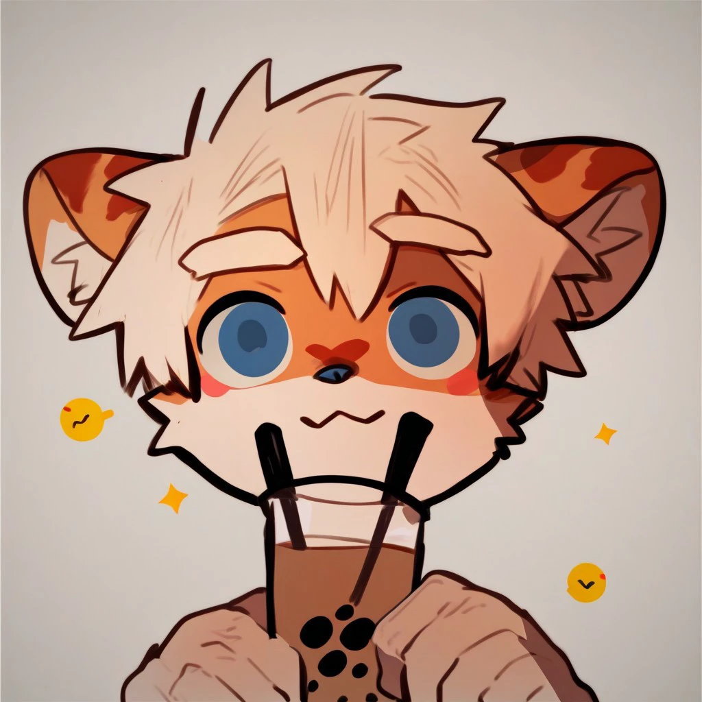 score_9_up, score_8_up, score_7_up,  milkytiger, tiger ears, tiger boy, white eyebrows, blue eyes, 1boy, solo, pin, mikus-style, emoji, stickers, holding, bubble tea