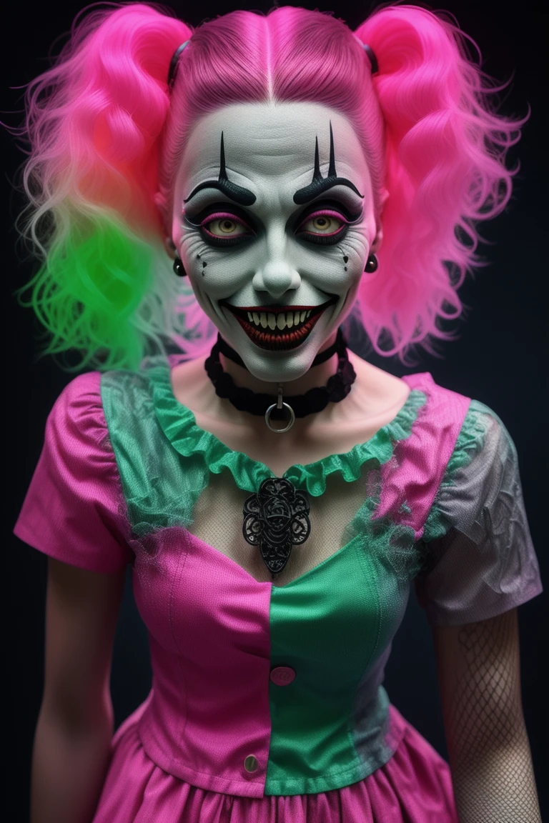 masterpiece, intricate details, digital painting of a evil clown, pink and green theme , dollstyle <lora:lukethighwalkerneonsdxlv7:1> glowing-neon-colour-clothing, hair, choker, fishnets