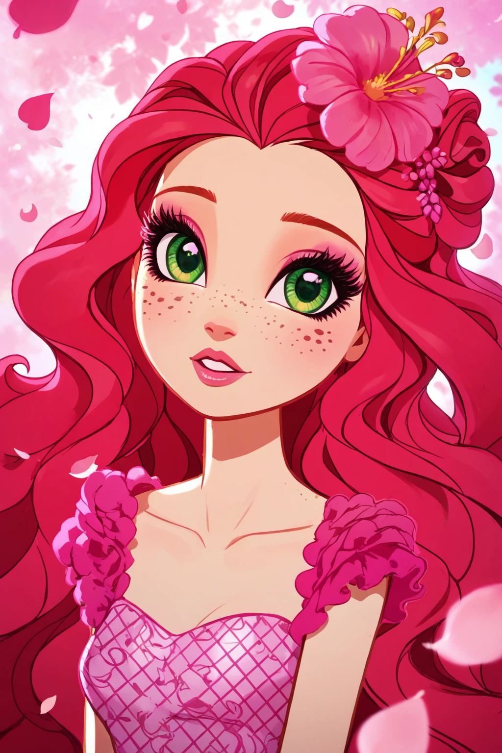 score_9, score_8_up, score_8, <lora:everafterhigh:0.8>, everafterhigh, 1girl, freckles, solo, flower, long hair, green eyes, hair flower, red hair, looking at viewer, hair ornament, parted lips, pink flower, portrait, leaf, lips, petals, wavy hair, collarbone, eyelashes, makeup