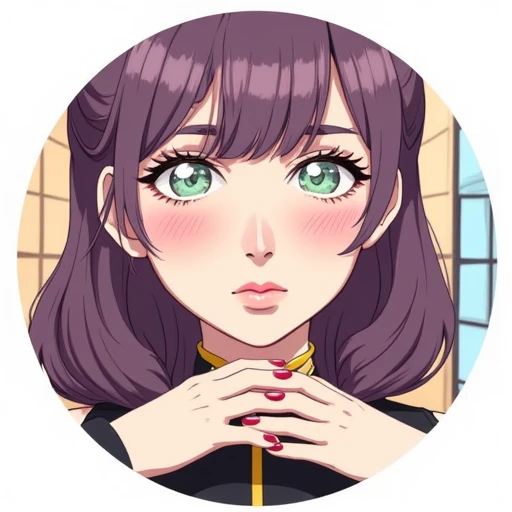 arranged in a circular composition. The background is a stylized, thick lashes. She has a fair complexion with a subtle blush on her cheeks., and her bangs fall across her forehead. She is wearing a high-collared, which she holds open with both hands, digitally illustrated drawing in an anime style. The image features two women standing indoors, almond-shaped green eyes. Her hair is a deep purple, styled in voluminous, adding a touch of elegance to her look. Her expression is calm and slightly melancholic.