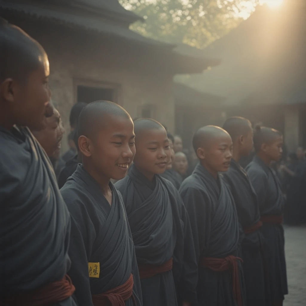 In a serene, sun-drenched courtyard of an ancient monastery, a photograph captures a closely-knit group of young Buddhist monks, their youthful faces illuminated by the gentle glow of the afternoon sun. The monks are clad in flowing, identical gray robes that billow softly in the breeze, exuding a tranquil uniformity that symbolizes their shared spiritual journey. Around their waists, rich brown belts cinch the fabric, introducing a subtle yet warm contrast to their attire.
The composition centers on the monk in the foreground, whose head is tilted slightly back, eyes gazing upwards, and mouth curving into a gentle smile. His expression radiates a deep sense of contemplation, perhaps punctuated by a moment of light-hearted laughter shared among the group. The camaraderie among the monks is palpable, as they share an unspoken bond, positioned closely together, their bodies nearly touching as a sign of unity and reverence.
Each monk sports a name tag affixed to the front of their robes, distinguished by its bright yellow background and bold black lettering, providing a personal touch to their collective identity. In the background, the silky sheen of another monk’s shaved head is visible, his face a study in tranquility; his countenance is serene and expressionless, as if lost deep in meditation or prayer, adding layers to the overall emotional tapestry of the scene.
The soft gray tones of the courtyard, interspersed with patches of golden sunlight filtering through trees, enhance the mood, making it a peaceful haven of solace and reflection. The air is filled with a subtle scent of incense, weaving through the scene and inviting a sense of calm. The photograph not only captures a moment in time but also conveys the essence of a shared spiritual experience, steeped in tradition and brotherhood.