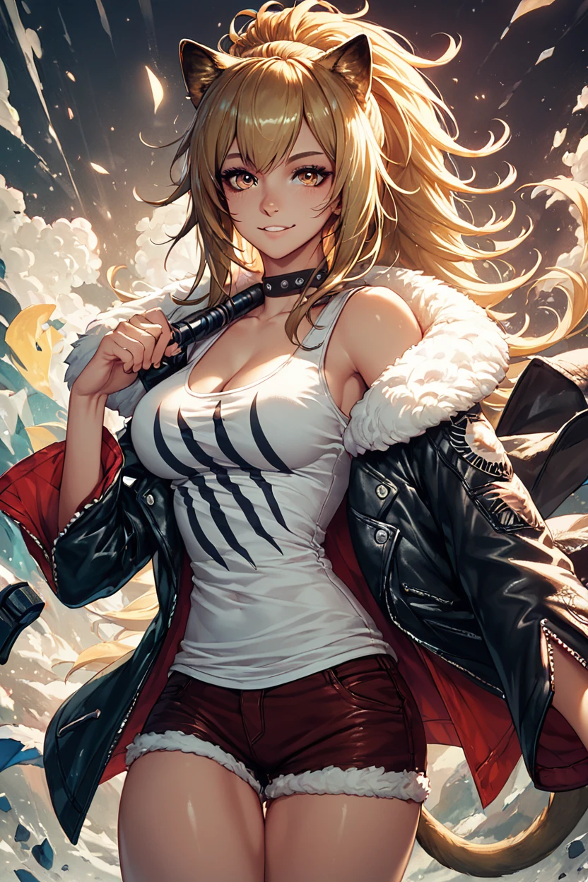 score_9, score_8_up, score_8, medium breasts, (curvy), cute, eyelashes,       ,,, , ,,,  zzSiege, blonde hair, cat ears, jacket, choker, large breasts, fur trim, black jacket, tank top, fur-trimmed jacket, black choker, cleavage,  <lora:Siege_Arknights_PDXL:1.0>,   ,,,, BREAK, <lora:Hyperdriver_PDXL_v5:0.8>, ,,, BREAK, smile, looking at viewer, cowboy shot, embedding:zPDXL,