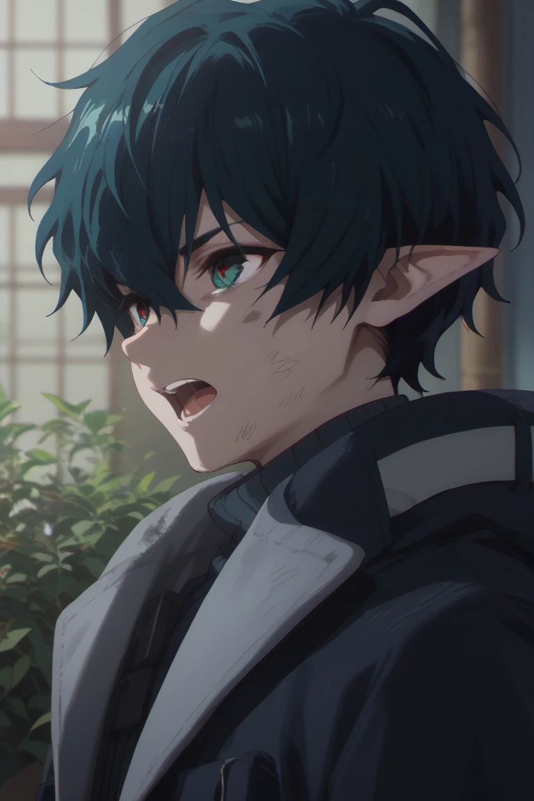 score_9, score_8_up, score_7_up, score_6_up, score_5_up,score_4_up , 
faust, green hair, green eyes, pointy ears, scales, 1boy, male focus, solo, open mouth, anime coloring, from side, hair between eyes, jacket