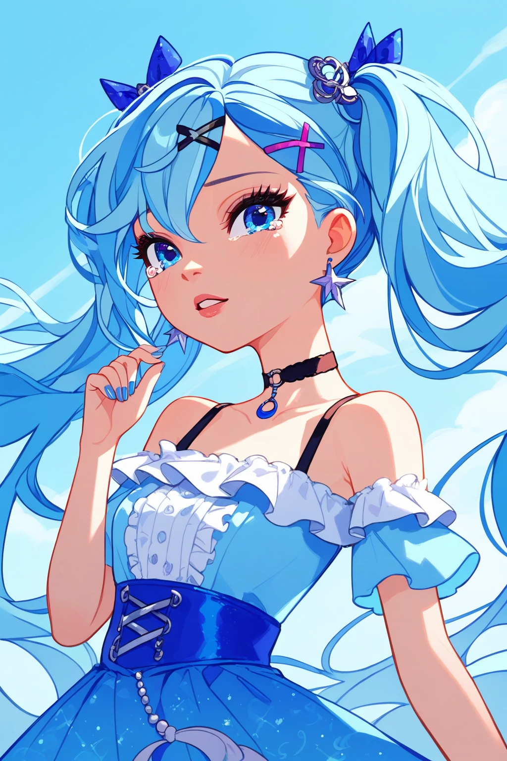 score_9, score_8_up, score_8, <lora:everafterhigh:0.8>, everafterhigh, 1girl, solo, long hair, blue eyes, choker, hair ornament, blue hair, looking at viewer, blue nails, bare shoulders, blue theme, floating hair, black choker, upper body, hair between eyes, hairclip, dress, off shoulder, twintails, frills, earrings, jewelry, tears, off-shoulder dress, parted lips, hand up, nail polish, very long hair, from side, blue dress, x hair ornament, sky,