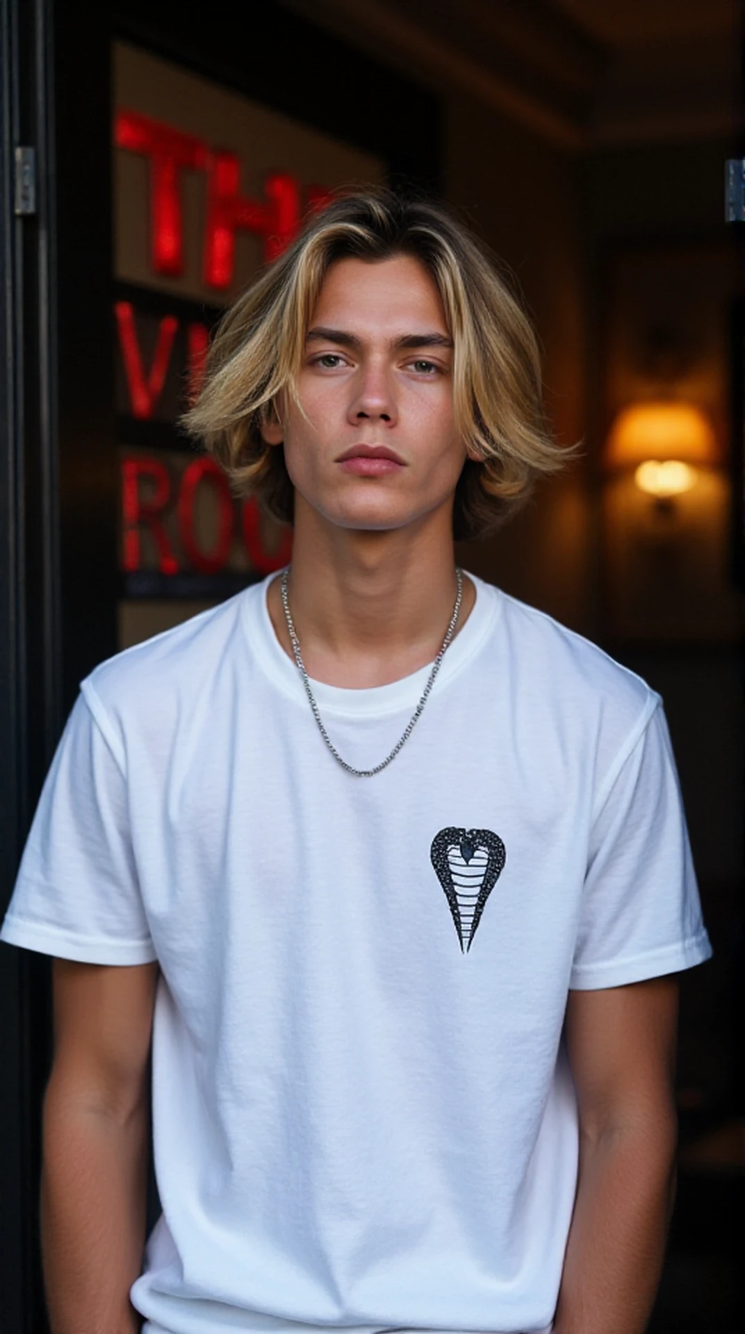 photo of young man, 21, head and shoulders, eye contact, clean shaven, shoulder length blonde hair, handsome, silver chain necklace, captivating eyes, white t-shirt, standing outside a door that says "The Viper Room" with the image of a coiled snake below the letters., (((looking directly at viewer))), ((facing viewer)), (eye contact maintained with viewer), centered, face centered