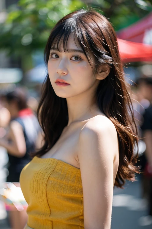 masterpiece, best quality, ultra-detailed, ultra high res, (photorealistic:1.4), raw photo, (realistic:0.2), 8k HDR, realistic cool temperature lighting, (asian:0.2), 1girl, solo, asymmetrical hair, outdoor, (traditional market:1.2), bokeh, (detailed lips), (detailed pores), (detailed skin textures), (detailed face:1.2), (upper body:1.2), a woman in a white strapless tube dress, promotional image, a character portrait,