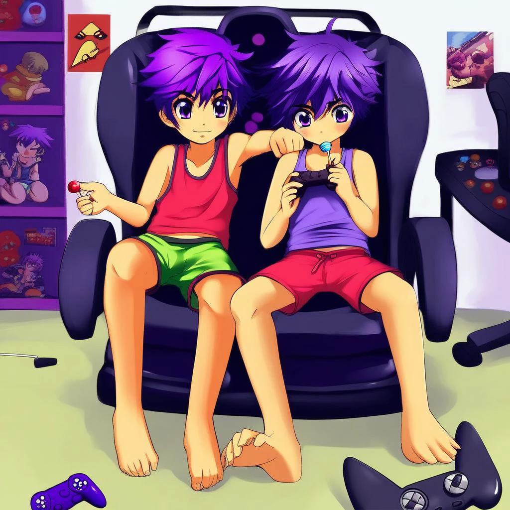 boy, purple hair, sitting a gaming chair in a tank top and boxers, video game controller in one hand, lollipop in the other hand, barefoot, pg13