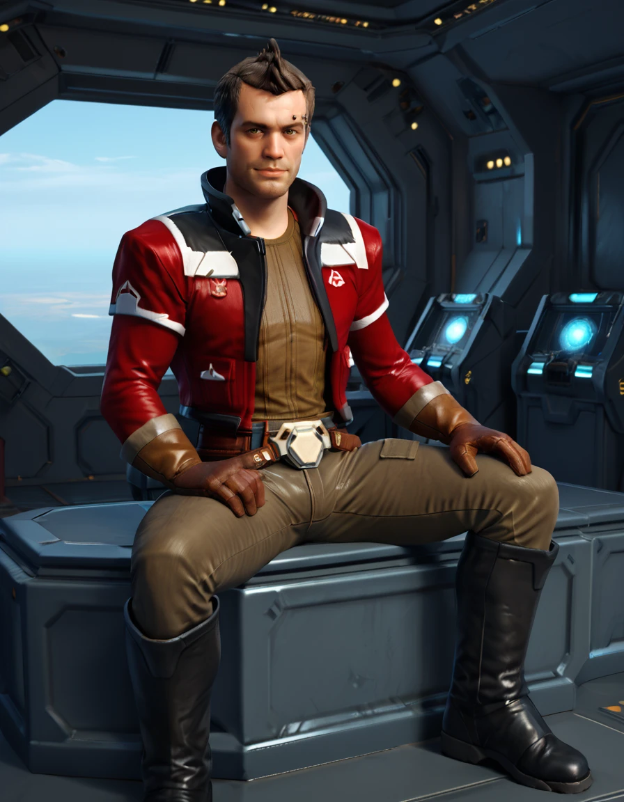 high quality, realistic, masterpiece, score_9, score_8_up, score_7_up, score_6_up, score_5_up, male focus, spacecraft
BREAK <lora:SWTOR_-_Theron_Shan_-_Pony_3-000012:1>, (theronshan, cybernetic, male, fauxhawk, brown hair, olive eyes, red jacket, brown gloves, brown shirt, belt, brown pants, black boots), sitting on seat, smirk, portrait, close-up