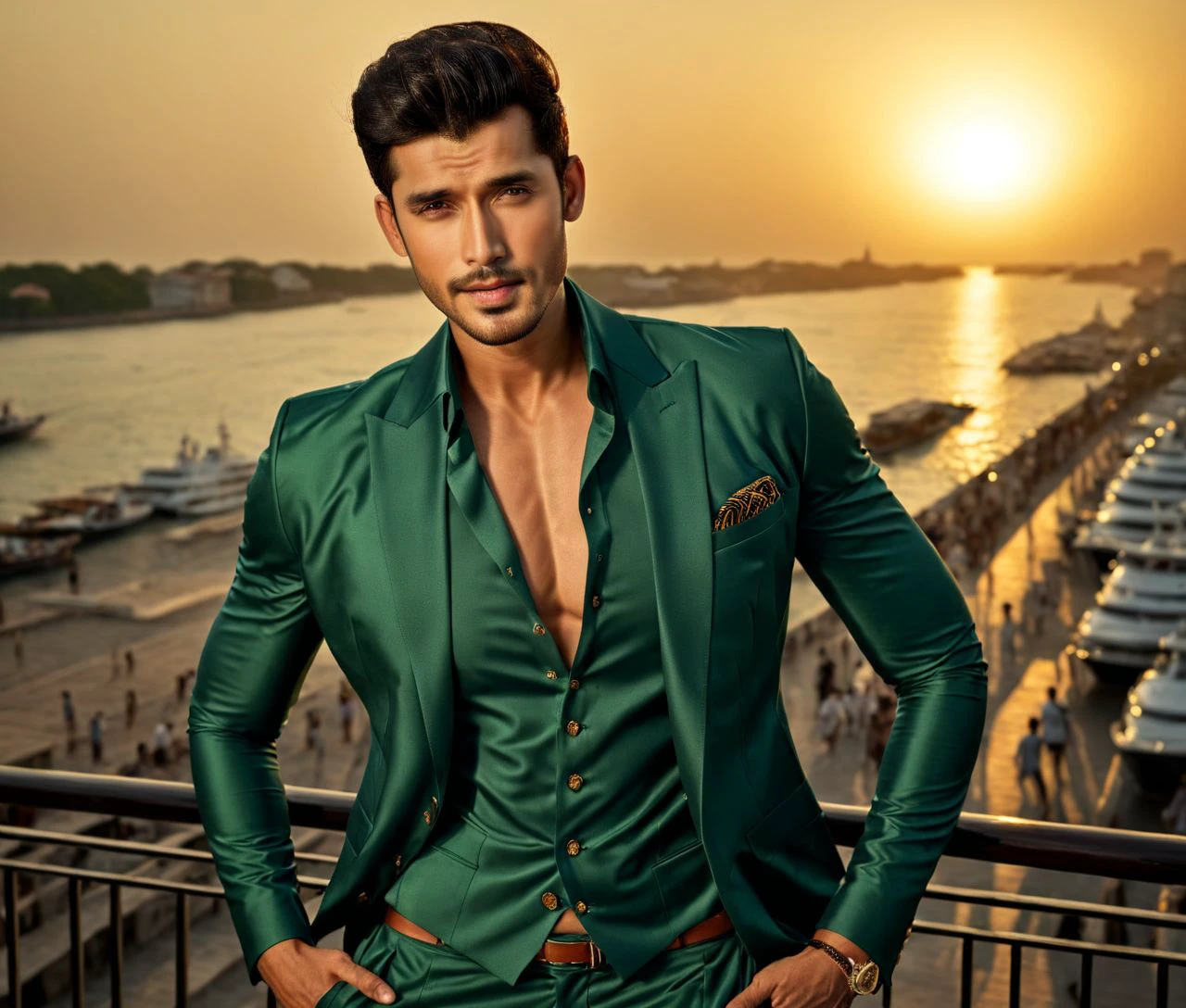 Nautical-themed (Photo:1.3) of (Ultrarealistic:1.3) <lora:Man_Men_FFashion:1> Paras Kalnawat a man <lora:Paras-Kalnawat:1>, in a green suit standing on a balcony, handsome man, attractive man, handsome male, sun behind him, inspired by Pablo Munoz Gomez, shot at golden hour, editorial photograph, midshot of a hunky, by Roman Bezpalkiv, by Artur Tarnowski, maxim sukharev, by Gabor Szikszai,Highly Detailed,(Mono Color:1.3) . Sea, ocean, ships, maritime, beach, marine life, highly detailed