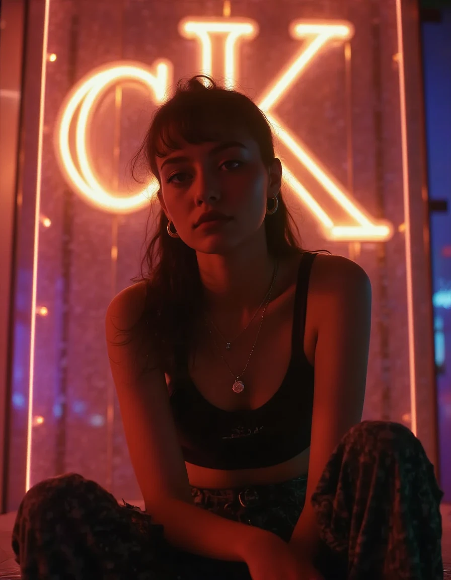 retr0grade90s A detailed photo of a woman with black hair, earrings, and a necklace sitting in front of a glowing Calvin Klein logo sign.<lora:General Flux\retrograde-90s.safetensors:0.9500000000000001:1.0>