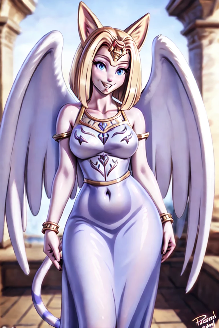 Femboy, long white hair, halo, big angel wings, gigantic muscle, erect penis with huge balls, huge breasts, 4 arms, full body.