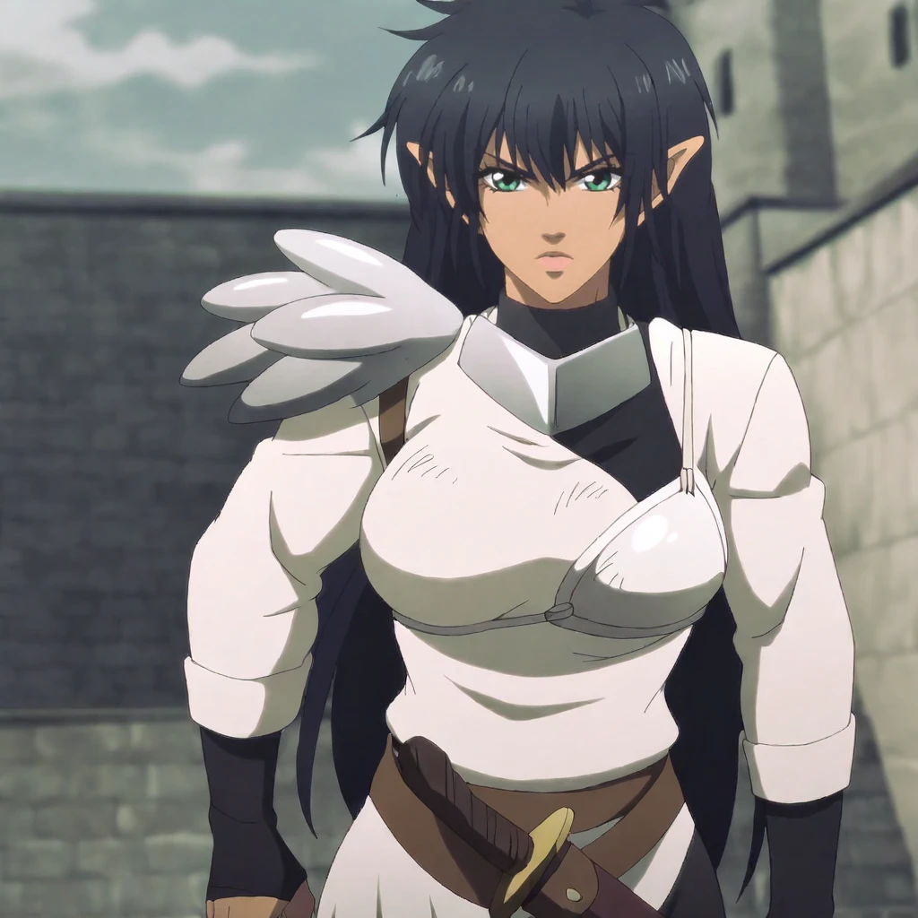 <lora:arshes_pony_v1:.8>  Arshes, 1girl, black hair, sheath, green eyes, pointy ears, fingerless gloves, armor, breasts