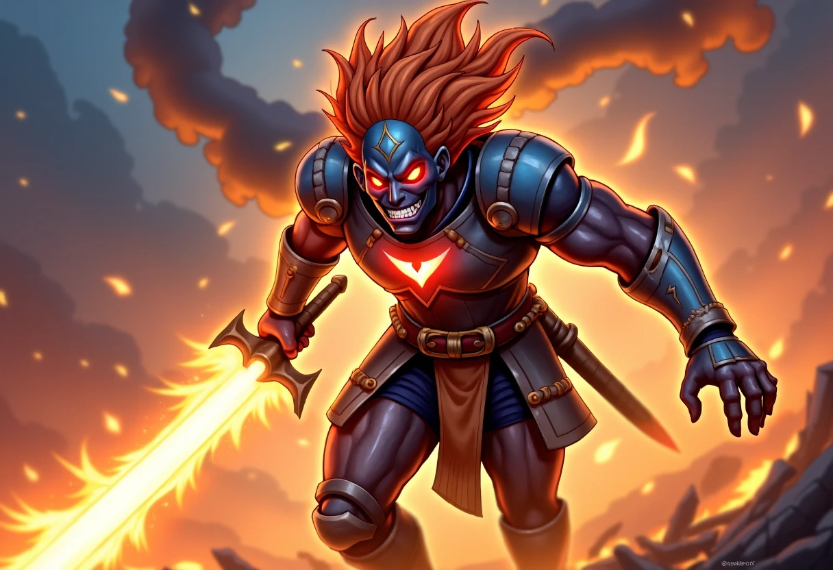 safe, anime, 
a warrior with a fiery demeanor, he is completely prepared for battle.
his eyes glow red, his orange hair flowing in the wind, his teeth gritted, and his sword unsheathed bathed in flames.
the ground nearby is only burned embers and the man is exhaling a giant billow smoke through gritted teeth and nostrils as he charges forward, as though he's made entirely of fire.
his thick metal armor is glowing red and blue with the heat of his power.
the smoke, the fire, and the aura of his eyes are leaving a blazing trail from where he was to where he is heading.
motion lines, motion blur, 
<lora:safe_fixers_v1-000028:1>