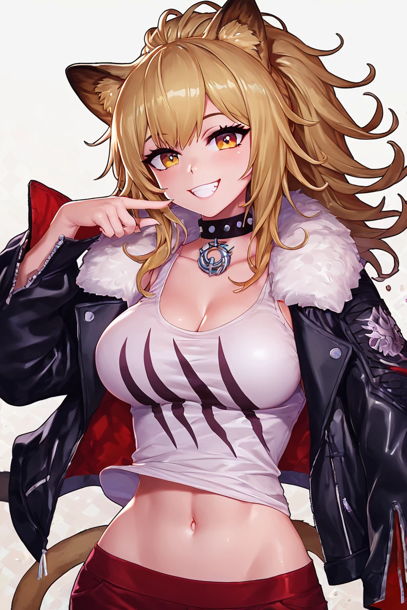 score_9, score_8_up, score_8, medium breasts, (curvy), cute, eyelashes,       ,,, , ,,,  zzSiege, blonde hair, cat ears, jacket, choker, large breasts, fur trim, black jacket, tank top, fur-trimmed jacket, black choker, cleavage,  <lora:Siege_Arknights_PDXL:1.0>,   ,,,, BREAK, smile, looking at viewer, cowboy shot, ,,, embedding:zPDXL, Expressiveh, ,,, <lora:Zy0n7_PDXL:0.8>, <lora:SDXLFaeTastic2400:0.5>, <lora:Expressive_H-000001:0.4>,