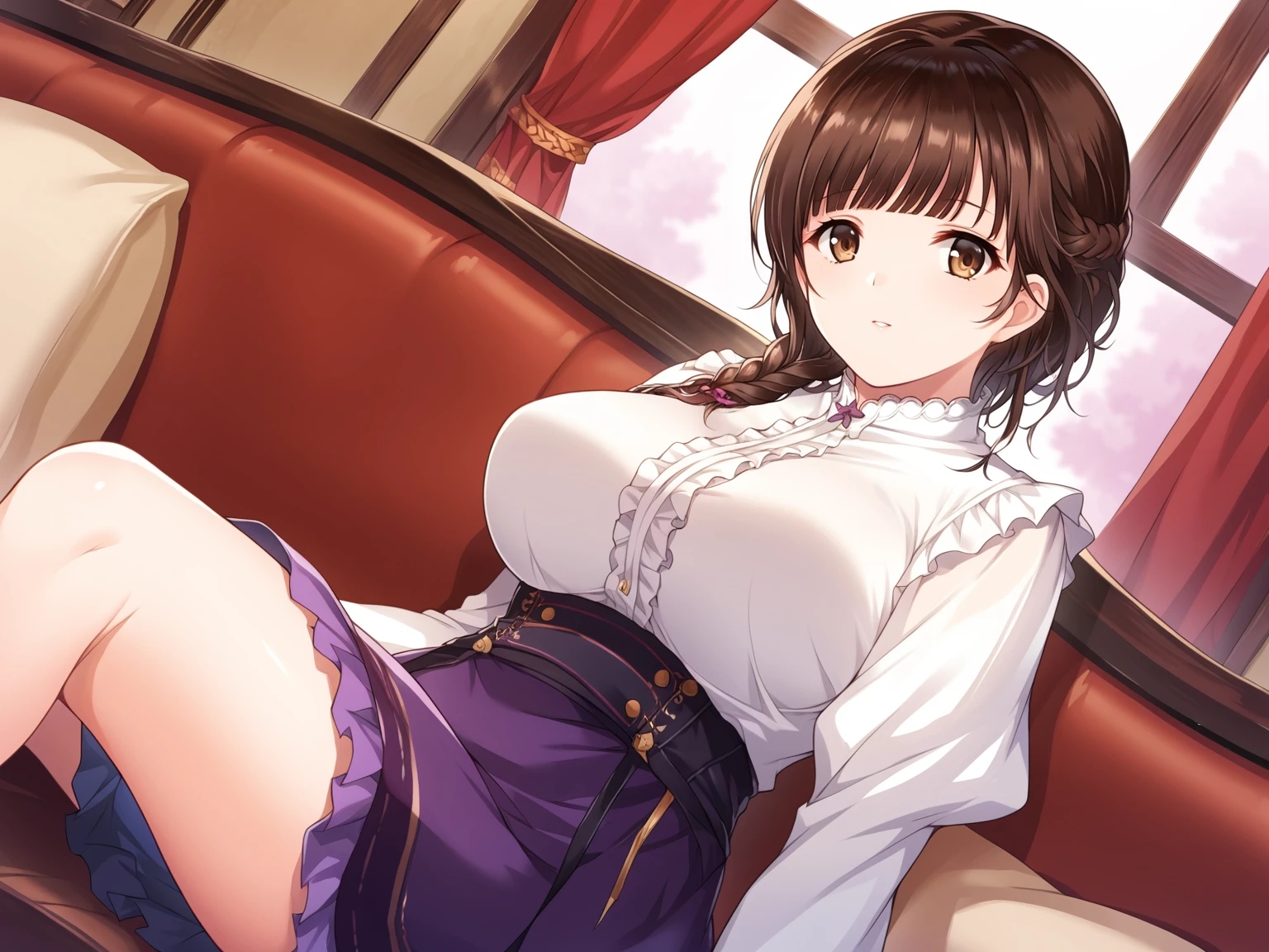 indoors,living room,couch,window,curtains,alicesoft,mayuko,1girl,solo,brown hair,long hair,breasts,large breasts,skirt,braid,shirt,long sleeves,hair over shoulder,white shirt,brown eyes,frills,center frills,purple skirt,<lora:Alicesoft_-_Haha_Ranman_-_Mayuko_Saki_Uka:1>,, score_9, score_8_up, score_7_up,source_anime,(masterpiece),(best quality),(ultra-detailed),(best illustration),(best shadow),(absurdres),(detailed background),(very aesthetic),source_anime