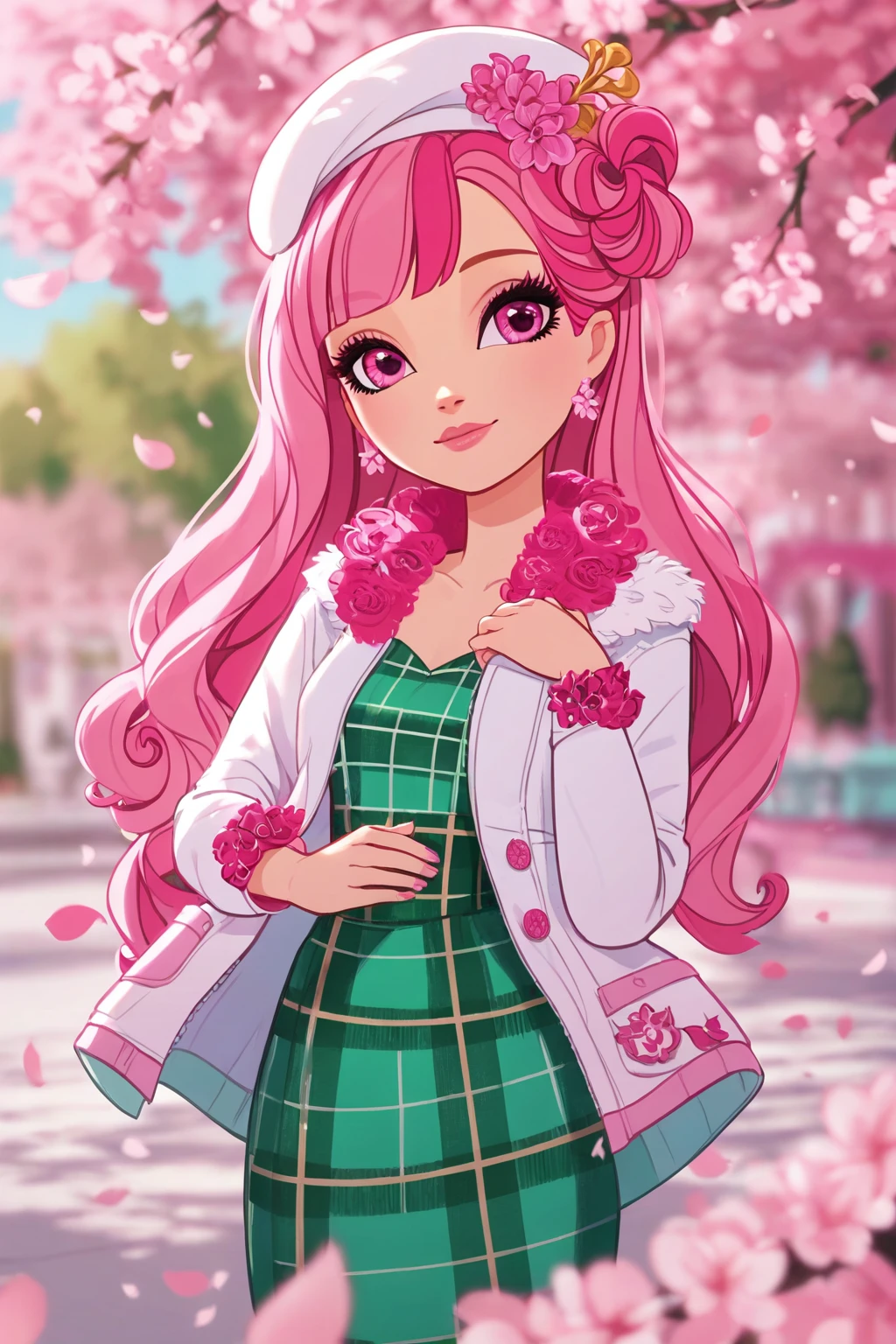 score_9, score_8_up, score_8, <lora:everafterhigh:0.8>, everafterhigh, 1girl, solo, long hair, pink hair, dress, flower, white headwear, hat, plaid dress, plaid, looking at viewer, long sleeves, pink eyes, beret, pink flower, jacket, white jacket, open clothes, petals, blurry background, open jacket, outdoors, closed mouth, green dress, depth of field, leaf, cowboy shot, bow, head tilt, cherry blossoms,,