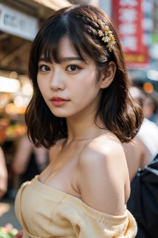 masterpiece, best quality, ultra-detailed, ultra high res, (photorealistic:1.4), raw photo, (realistic:0.2), 8k HDR, realistic cool temperature lighting, (asian:0.2), 1girl, solo, asymmetrical hair, outdoor, (traditional market:1.2), bokeh, (detailed lips), (detailed pores), (detailed skin textures), (detailed face:1.2), (upper body:1.2), a woman in a white strapless tube dress, promotional image, a character portrait,