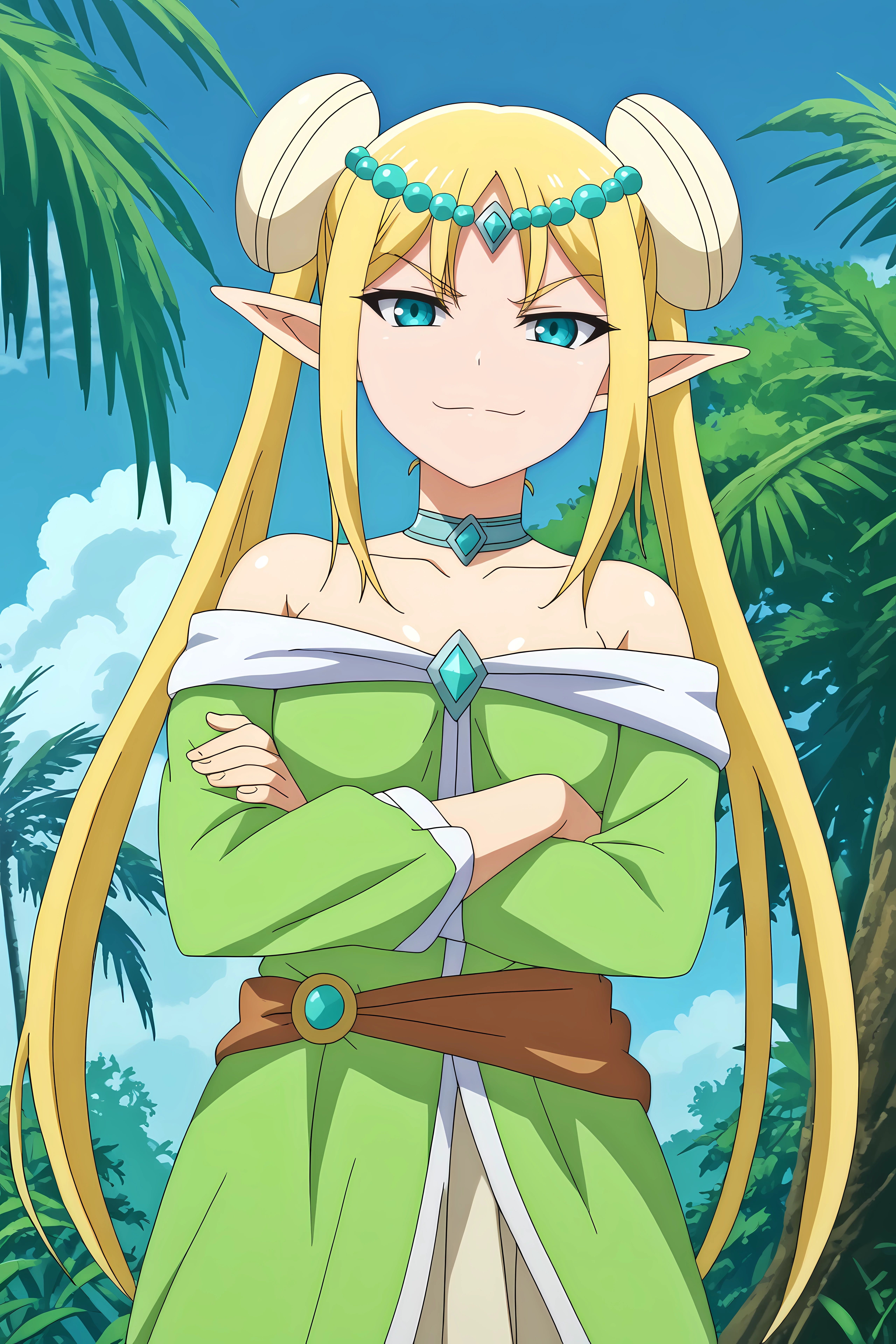 vegan eldriel,1girl,solo,twintails,long hair,pointy ears,elf,breasts,dress,circlet,small breasts,hair ornament,smile,crossed_arms,smirk,cowboy_shot

BREAK
outdoors,jungle,tree,blue sky,flower,palm_tree, yellow flower



<lora:Vegan_Eldriel_-_Peter_Grill_to_Kenja_no_Jikan.safetensors:0.8>
<lora:detailed_backgrounds_v2.safetensors:0.5>
