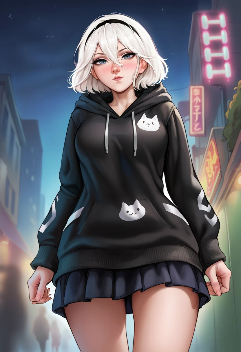 score_9,score_8_up, score_7_up, BREAK 2b, 1girl, solo, white hair,pale skin, looking at viewer, short hair, hairband, collarbone, hair between eyes, black hoodie, lips, black hairband, outdoors, grey eyes, medium breasts, thighs,city, closed mouth, night,oversized clothes, long sleeves,hood,city lights, cowboy shot, standing, no blindfold, walking, nose, blue eyes,black skirt,hood on,from below, dutch angle, cat print,neon lights,   <lora:AromaCharsPony:1>