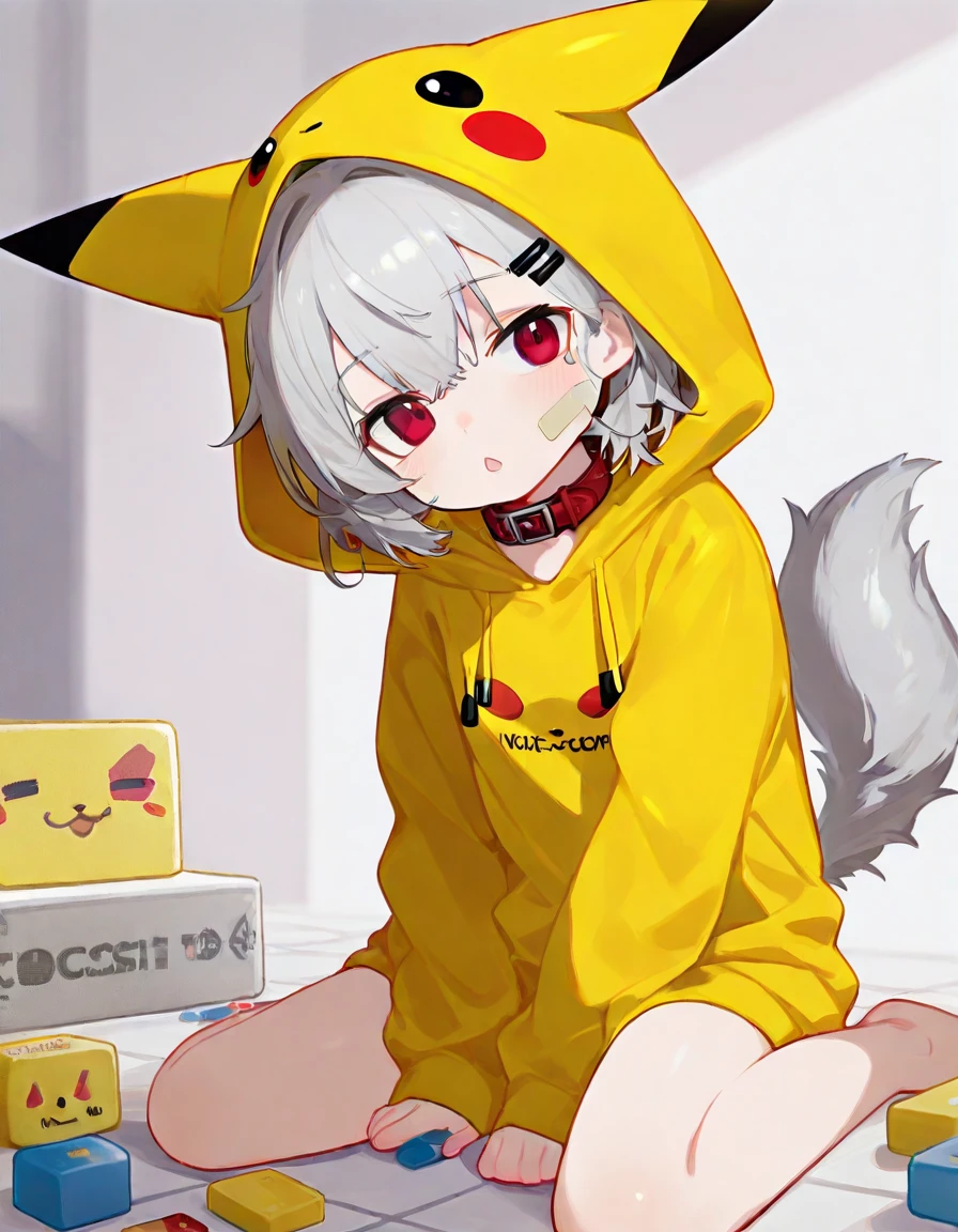 masterpiece, best quality, high quality, good quality,  1girl, ooriru, pikachu_\(cosplay\), character print, hood, hoodie, yellow hoodie, white bandaid, bandaid on cheek, hairclip, short hair, animal collar, wolf tail, chestnut mouth, looking at viewer, kneeling, wariza, head tilt, playroom, blocks, crayons  <lora:ooriru-illust-v4:0.7>