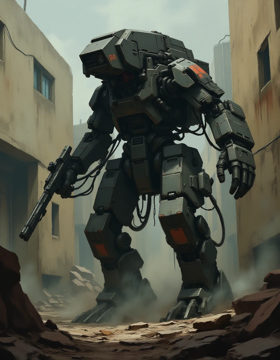 concept art of dystopian, mecha, . complex, painterly oilpainting matte <lora:emata2000:1>