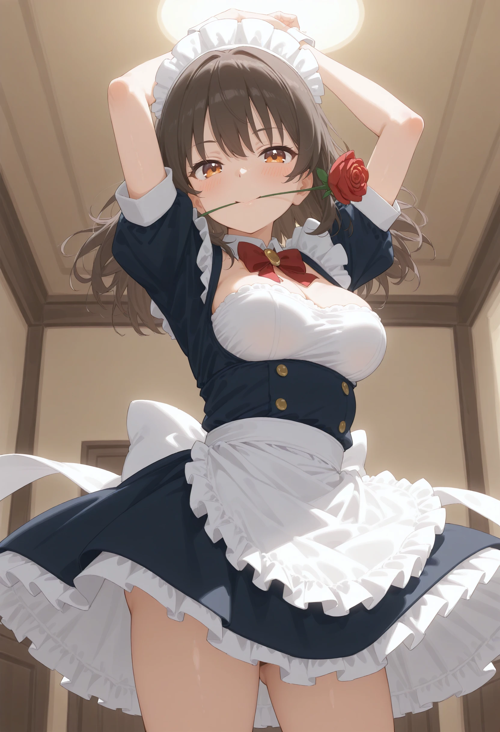 1girl,(sho \(sho lwlw\):0.7),(toosaka asagi:0.5),(sincos:0.3),solo,
masterpiece,best quality,absurdres,detailed skin,anime colored,anime screencap,official art,
maid, maid headdress,medium breasts,
rose in mouth, mouth hold, flower in mouth, red rose, dancing, dynamic pose, <lora:roseinmouth_Illust_v1:0.8>
ceiling, panorama shot, looking to the side, brown hair, orange eyes,laugh, aqueduct, ringlets hair,