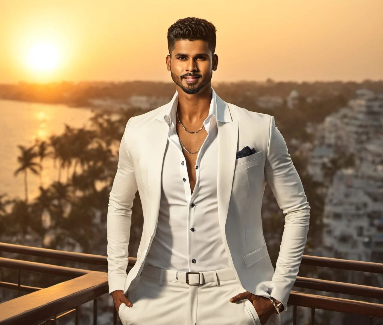 Nautical-themed (Photo:1.3) of (Ultrarealistic:1.3) <lora:Man_Men_FFashion:1> Shreyas Iyer a man <lora:Shreyas-Iyer:1>,  in a white suit standing on a balcony, handsome man, attractive man, handsome male, sun behind him, inspired by Pablo Munoz Gomez, shot at golden hour, editorial photograph, midshot of a hunky, by Roman Bezpalkiv, by Artur Tarnowski, maxim sukharev, by Gabor Szikszai,Highly Detailed,(Mono Color:1.3) . Sea, ocean, ships, maritime, beach, marine life, highly detailed