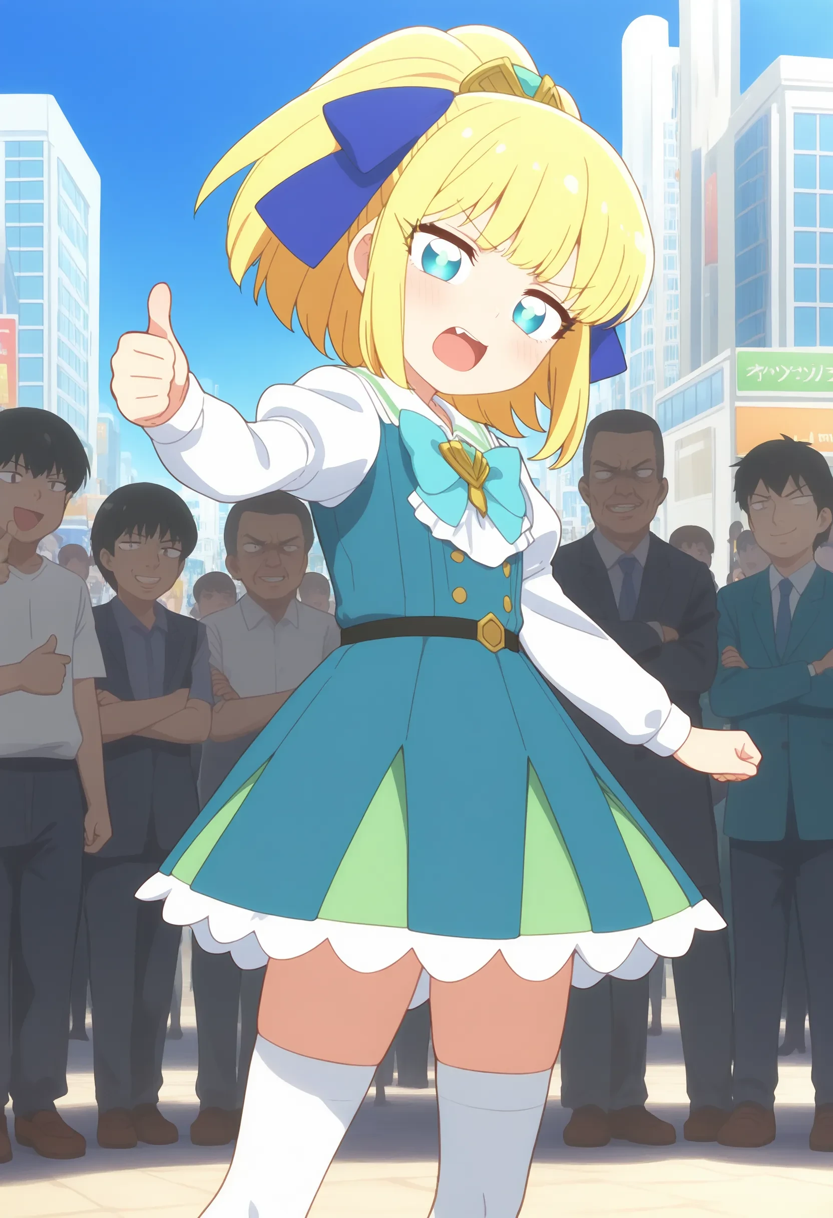 1girl, okanega_arisu, blonde hair, ponytail, hair ribbon, hair ornament, aqua eyes, aqua dress, white sleeves, bowtie, thighhighs, brown shoes, 
standing ,thumbs up, from side, looking at viewer, head tilt, Angry, tightened jaw, squinted eyes, and raised eyebrows., solo, solo focus, outdoors, city, crowd, audience, 
masterpiece, best quality, absurdres, unity 8k wallpaper, official art, official style, source_anime, uncensored, anime screencap, anime coloring, (ai-generated:0.6) <lora:PKS-okanega_arisu_XL(ill)v10:1>