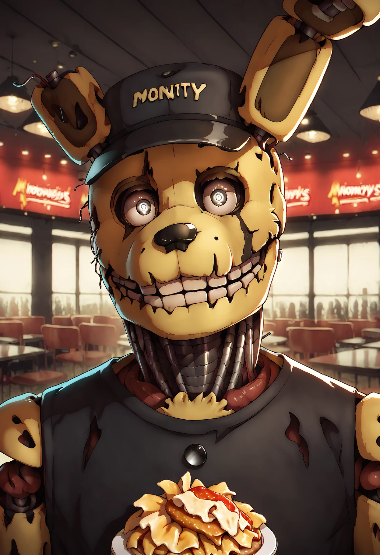 score_9, score_8_up, score_7_up, score_6_up, solo, (springtrap, animatronic, robot), portrait, (close-up), closed mouth, (black cap, black shirt, mcdonalds, fastfood), white eyes, teeth, closed mouth, dark background, highly detailed face, fnaf, male focus, cinematic, realistic <lora:Springtrap_v4:0.97>