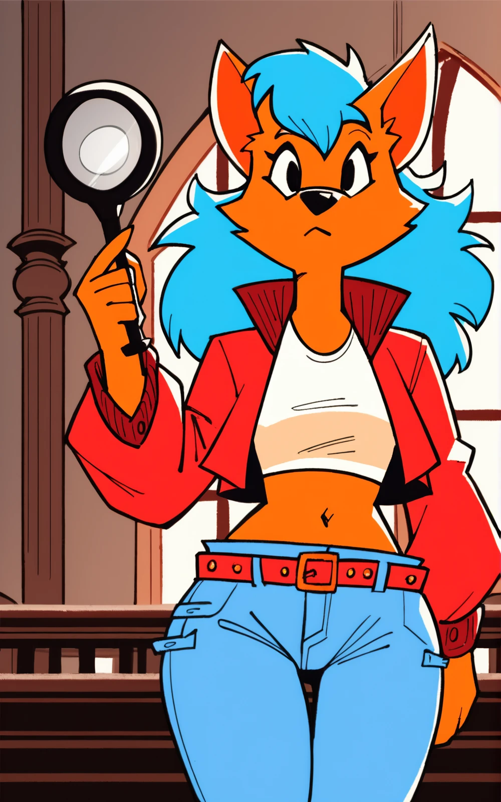 score_9, score_8_up, score_7_up,((best quality)), absurdres, <lora:BolivanteStyle:0.8>,   <lora:KMPPXL:0.8>,KMPPXL,long hair, shirt, long sleeves, navel, animal ears, blue hair, jacket, white shirt, open clothes, midriff, belt, pants,black eyes, open jacket, crop top,animal ears,brown footwear,denim, red jacket, furry, jeans, furry female, blue pants,body fur, animal nose, orange fur, inside, mansion , gothic, hunted, holding magnifying glass