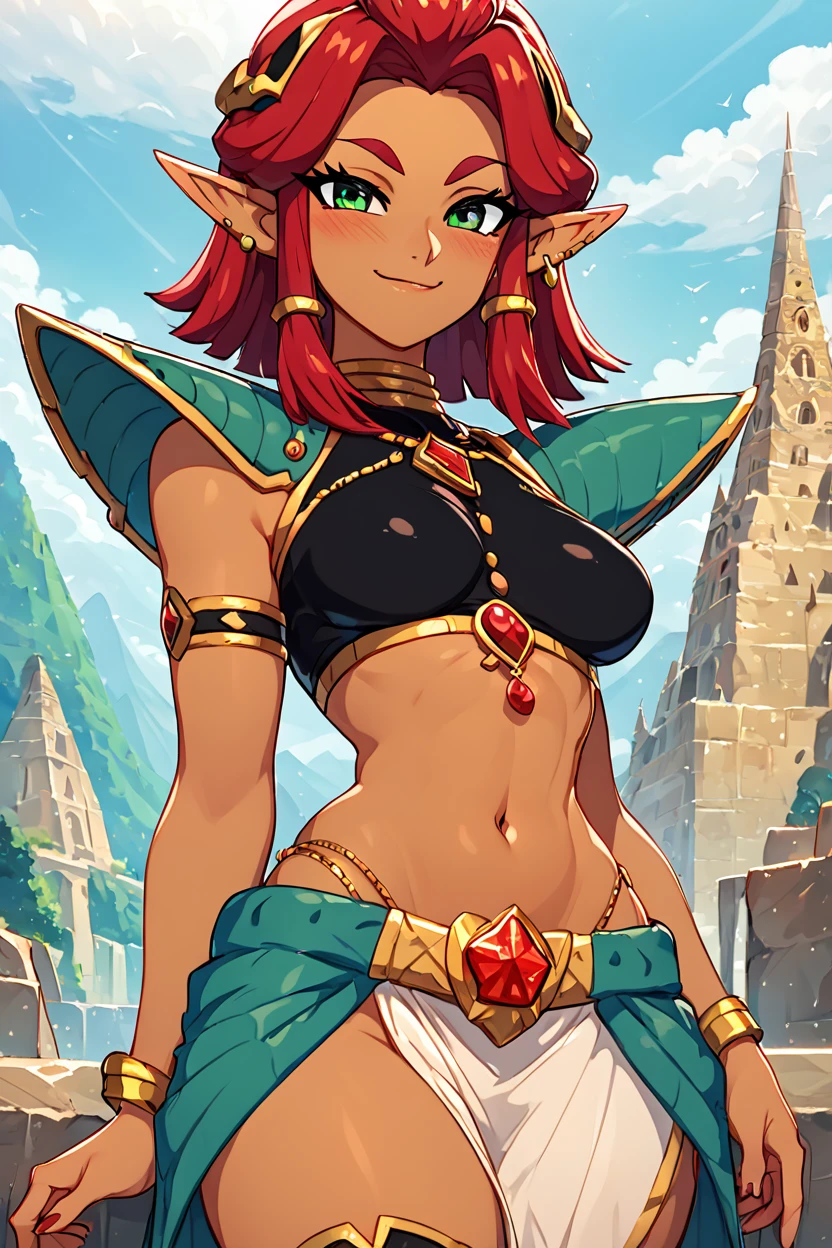 score_9, score_8_up, score_8, , (curvy), cute, eyelashes,       BREAK, , ,,, zzSaiyanRiju, green eyes, red hair, pointy ears, dark skin, shoulder armor, navel, jewelry, midriff, bracelet, crop top, armlet, hair tubes, red gem,  <lora:SaiyanRiju_PDXL:0.8>,     ,,,, BREAK, <lora:Afrobull_PDXL_v5:0.8>,  ,,, BREAK, smile, looking at viewer, closed mouth, cowboy shot,  ,,, embedding:zPDXL, Expressiveh, ,,, <lora:SDXLFaeTastic2400:0.5>, <lora:Expressive_H-000001:0.4>,