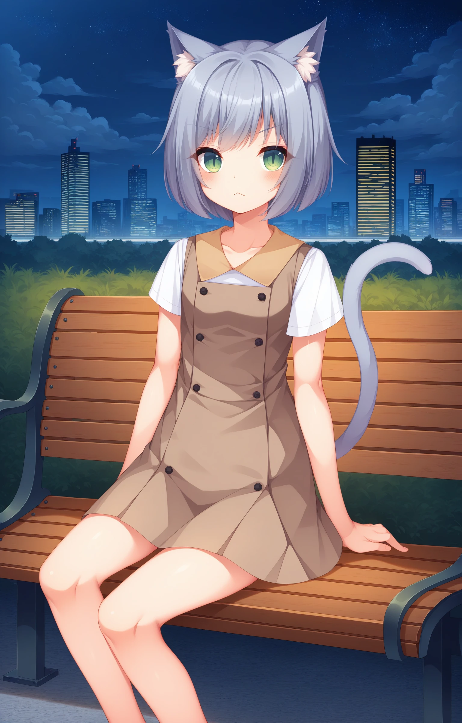 score_9, score_8_up, score_7_up, score_6_up, score_5_up, score_4_up, brown_pinafore_dress, Miruku, solo, flat_chest, collarbone, looking_at_viewer, cat_ears, animal_ear_fluff, blush, closed_mouth, v-shaped_eyebrows, >:(, frown, :3, cat_tail, white_shirt, collared_shirt, short_sleeves, sleeveless_dress, buttons, short_dress, tail_raised, sitting, legs, outdoors, park_bench, lamppost, night, tree, building, night_sky, grass, park, city, skyscraper, starry_sky, cloudy_sky, skyline, light, <lora:Milk_V0.5_3:0.9>