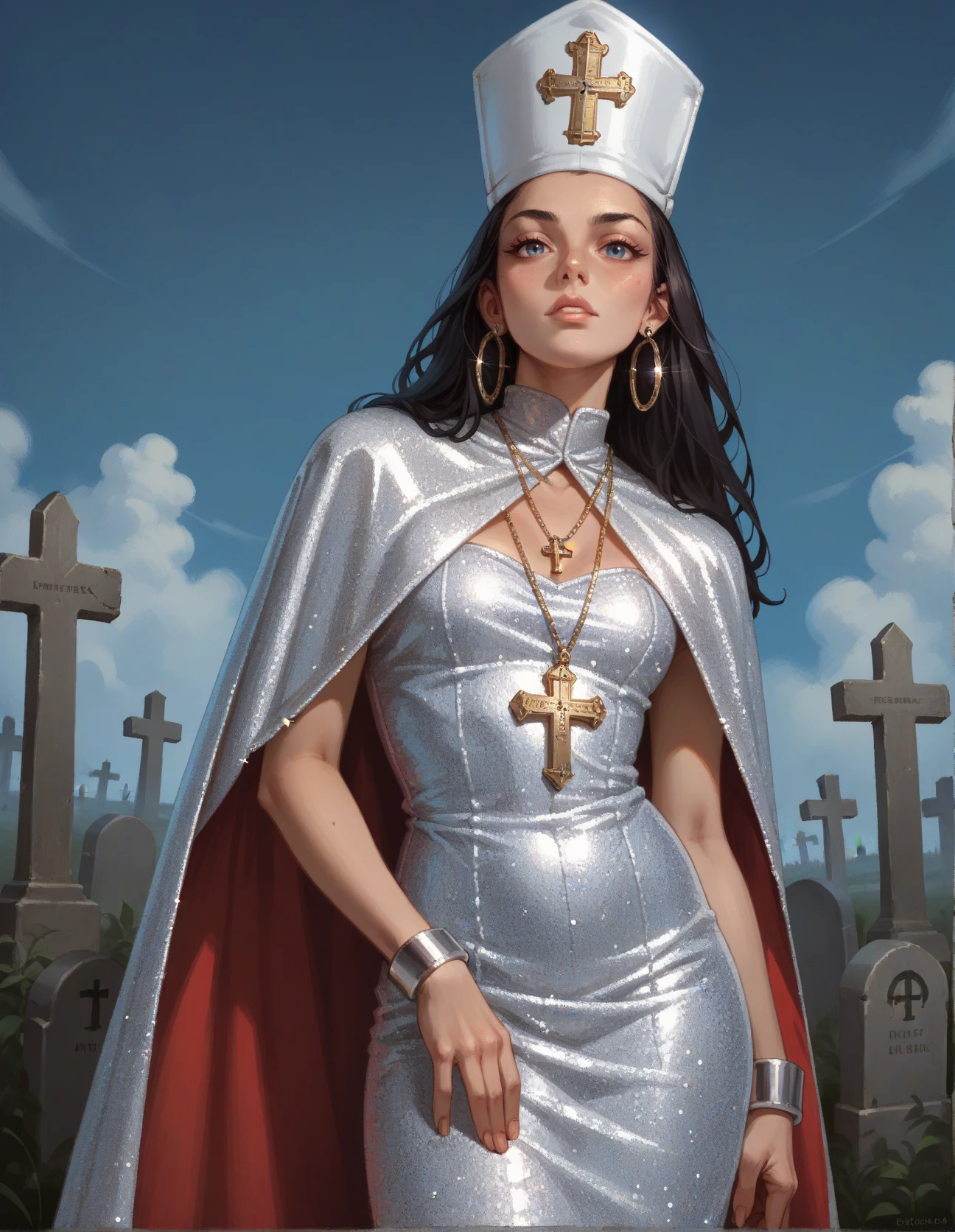 score_9, score_8_up, score_7_up, score_6_up, score_5_up, score_4_up, 1girl, solo, long black hair, earrings, bracelet, multiple necklaces hud_p0pe, priest hat, strapless dress, sequins, cape, <lora:hud_p0pe_XLP:0.6>, graveyard, blue sky,