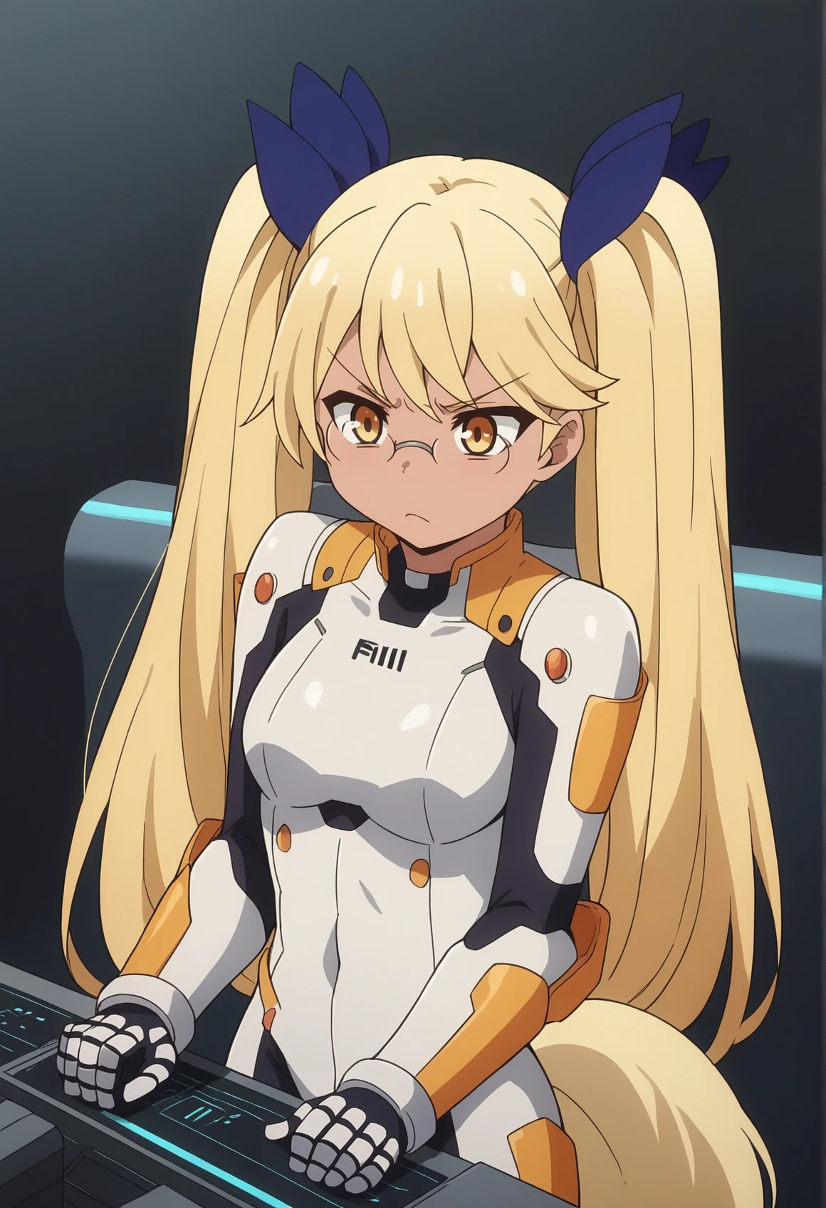 1girl, dark skin, blonde hair, long hair, twintails, hair ribbon, glasses, yellow eyes, tail, bodysuit, armored bodysuit, serious, cockpit, piloting, excited <lora:Show_By_Rock_Retoree:0.8>, score_9, score_8_up, score_7_up, score_6_up, score_5_up, score_4_up, BREAK source_anime, masterpiece