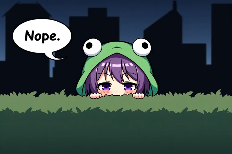 a chibi anime girl with purple hair and a frog hood is peering over a bush in the dark city.
spoken speech bubble "Nope."
flat anime image.
<lora:sex_pack_2_v2-000005:1>