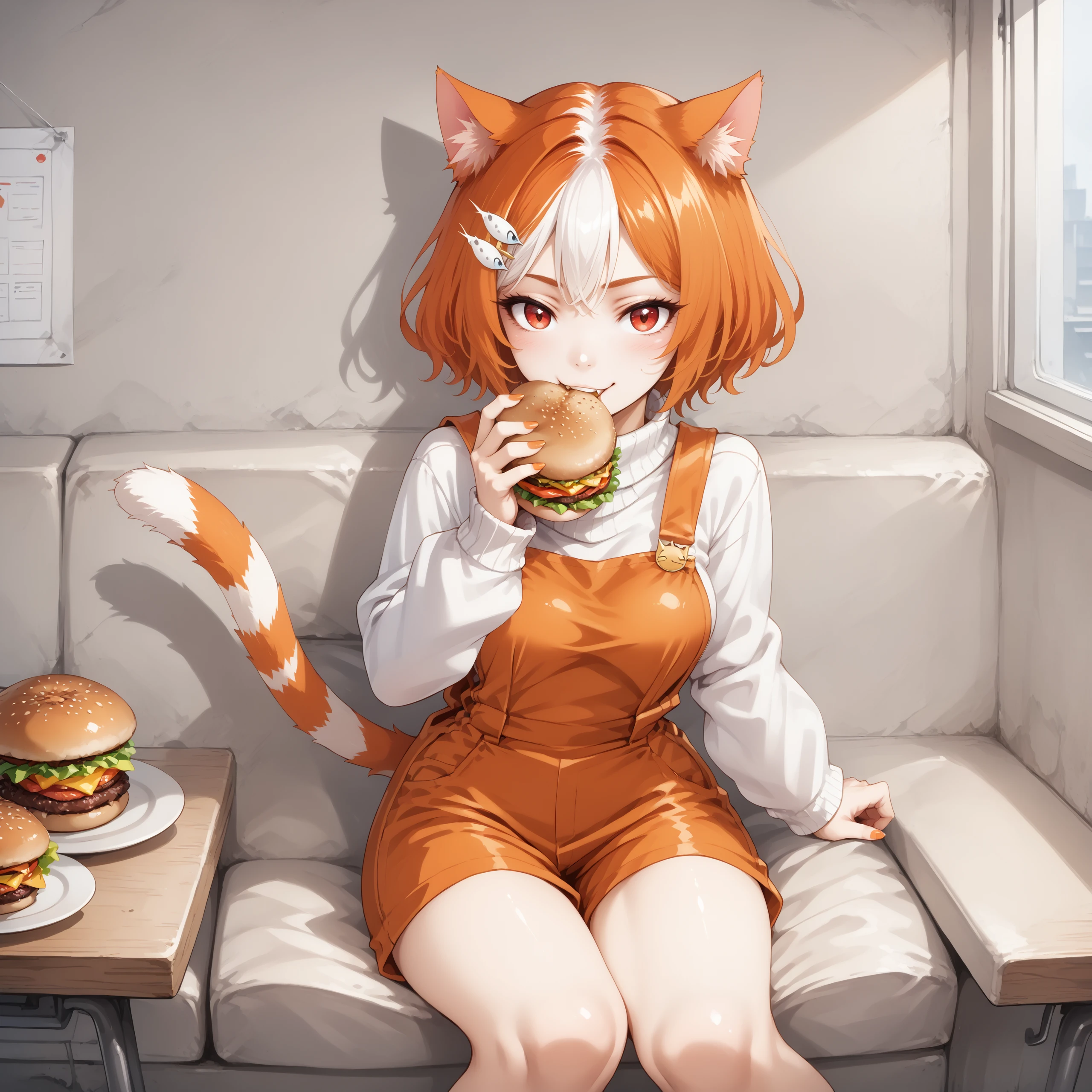 score_9,  score_7_up,
BREAK,
(sitting, eating, burger:1.2), smile, open mouth, happy, 
BREAK,
tail, red eyes, cat tail, large breasts, cat girl, animal ear fluff, orange hair, multicolored hair, white hair, short hair, animal ears, tail, cat ears, fish hair ornament, hair ornament, hairclip, hair over ears, bangs, two-tone hair, orange overalls, overalls, white sweater, sweater, long sleeves, turtleneck, turtleneck sweater, painted nails, orange fingernails  <lora:PonyOct_Marsey:1>, , ricegnat, <lora:PonyOct_Ricegnat:0.4>,<lora:Pony_old_reddit_sketch_1280_10k:0.3>, <lora:PonyAug_monori_rogue:0.2>, uncensored, 10s, 20s