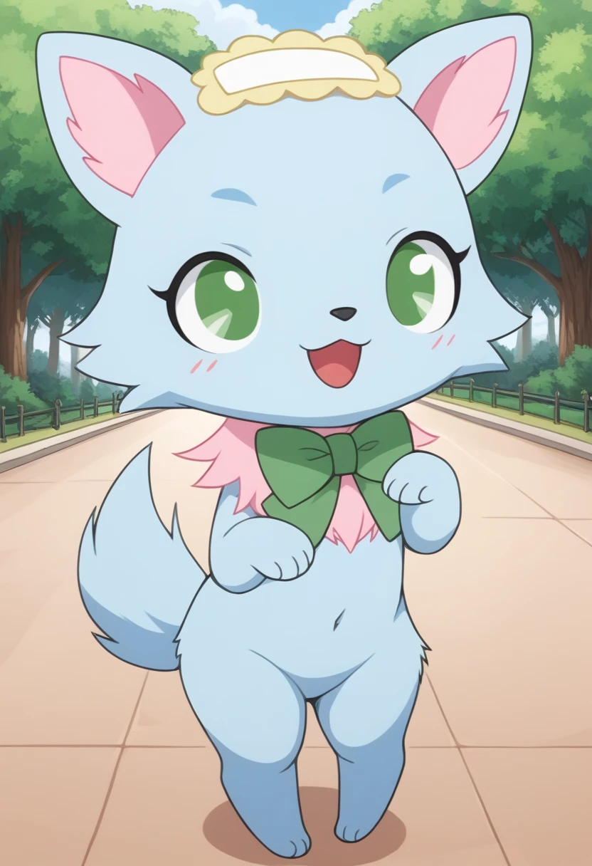 score_9, score_8_up, score_7_up, score_6_up, score_5_up, BREAK
m1lky, anthro, female, jewelpet, solo, bow, green eyes, green bowtie, no humans, :3, park, blue fur, standing, happy, smile, open mouth, cute, kawaii