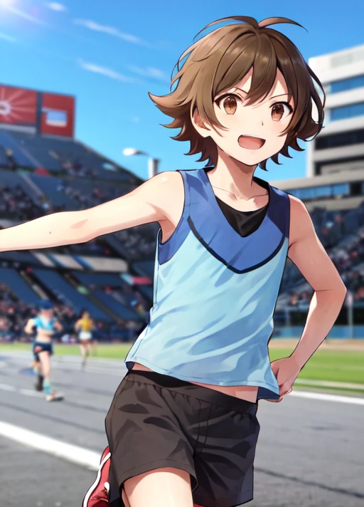 <lora:HilbertBW:0.8>, HilbertBW, brown hair, brown eyes, solo, 1boy, white shirt, sleeveless, blu shorts, red sneakers, running in a marathon arena