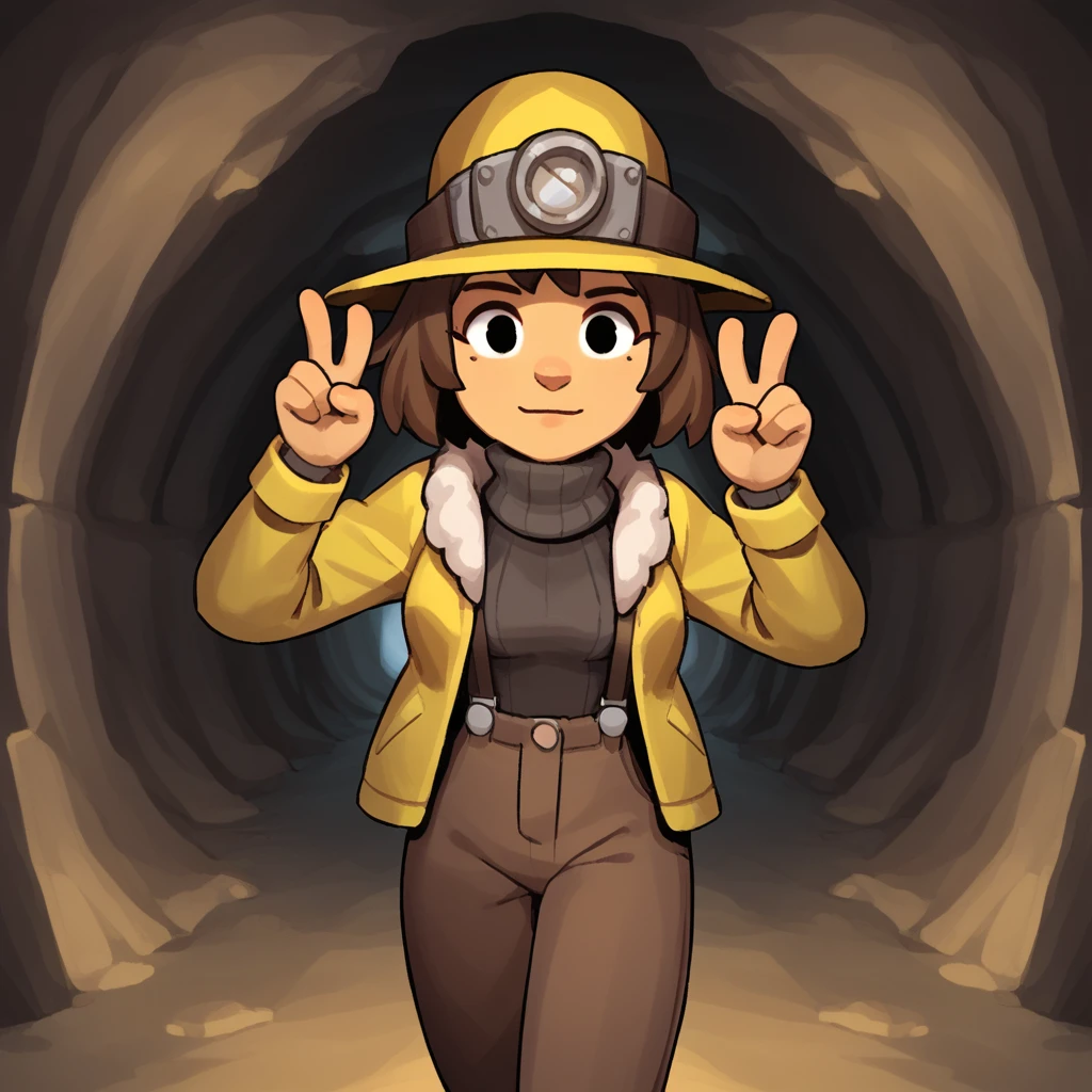 score_9, score_8_up, BREAK, Ana, 1girl, solo, brown hair, short hair, black eyes, hat, turtleneck sweater, yellow jacket, fur collar, brown pants, suspenders, cowboy shot,  <lora:Ana_Spelunky2_PXL_Leaf1:1>, looking at viewer, cave interior, double v,