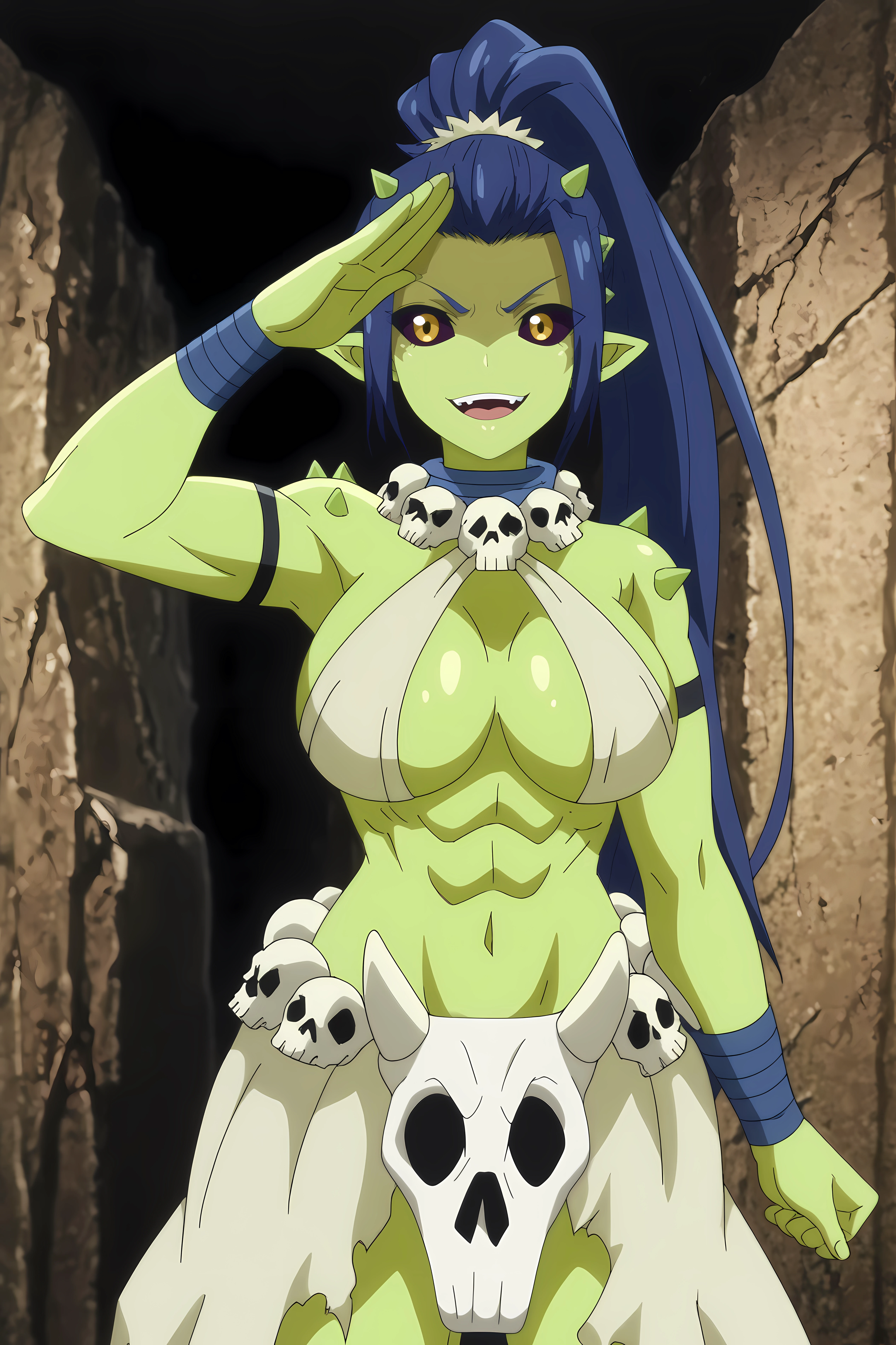 gobuko nggiell,1girl,solo,breasts,green skin,colored skin,large breasts,long hair,pointy ears,ponytail,colored sclera,spikes,skull,upper body,salute,sharp_teeth


BREAK

indoors,cave,dark



<lora:Gobuko_Nggiell_-_Peter_Grill_to_Kenja_no_Jikan.safetensors:0.8>
<lora:detailed_backgrounds_v2.safetensors:0.5>