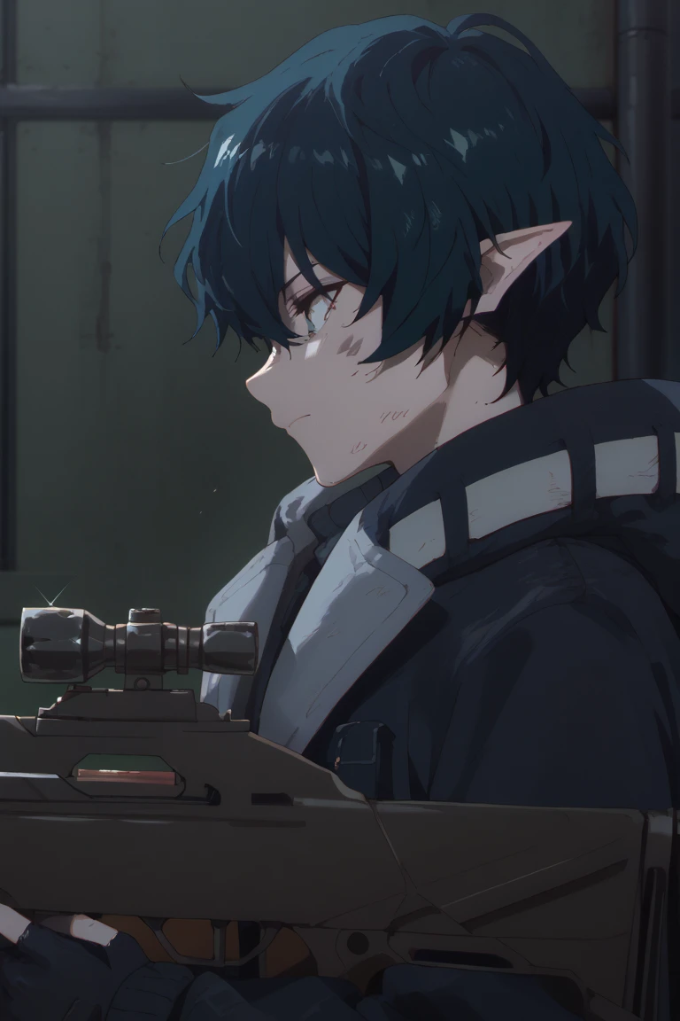 score_9, score_8_up, score_7_up, score_6_up, score_5_up,score_4_up , 
faust, green hair, green eyes, pointy ears, scales, weapon, 1boy, gun, male focus, solo, rifle, sniper rifle, holding weapon, holding gun, holding, short hair, gloves, profile, smile, closed mouth, jacket