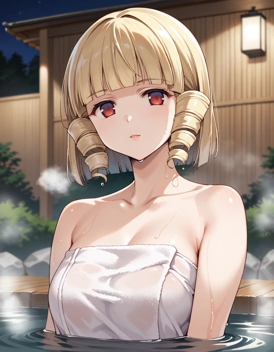 score_9, score_8_up, score_7_up, source_anime, BREAK
1girl, solo, looking at viewer, blurry background, night, outdoors, steam, wet, wooden walls, onsen,
kana tachibana, blonde hair, drill hair, short hair, blunt bangs, red eyes, mature female, 
bare shoulders, upper body, naked towel, partially submerged, 
<lora:kana_tachibana_anime-soralz:1>