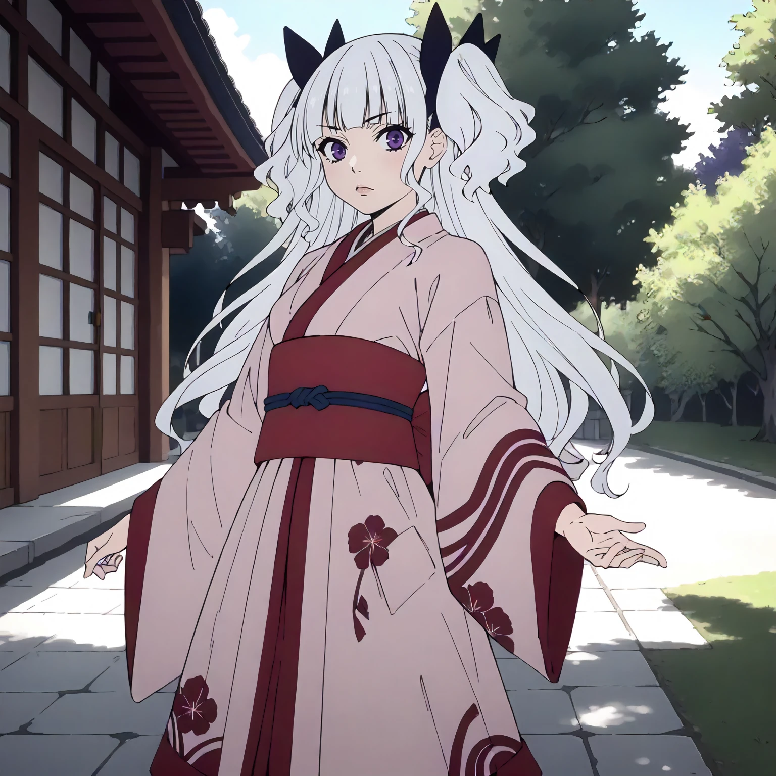 <lora:DN_KikiXLpony003>,
outdoors,
solo,
Kiki,1girl,white hair,hair ribbon,two -side up,purple eyes,
standing,
print_kimono,