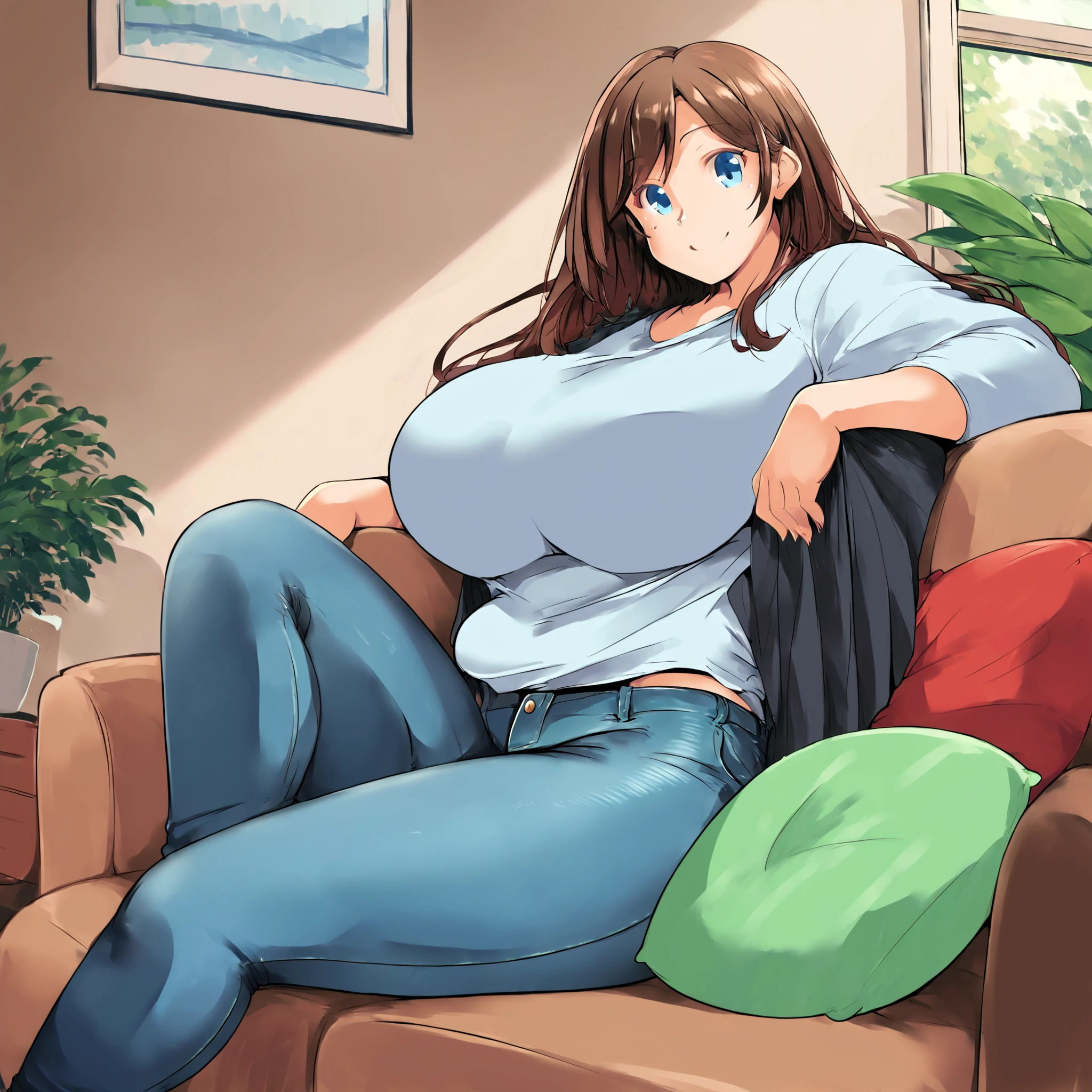 (masterpiece), best quality, (highly detailed), score_9, score_8_up, score_7_up, score_6_up, score_5_up, 1female, sitting, sofa, jeans, shirt, brown hair, blue eyes, long hair, living room, relaxing, smile, huge breasts, <lora:Kurocaze_Style:1>, looking at viewer,