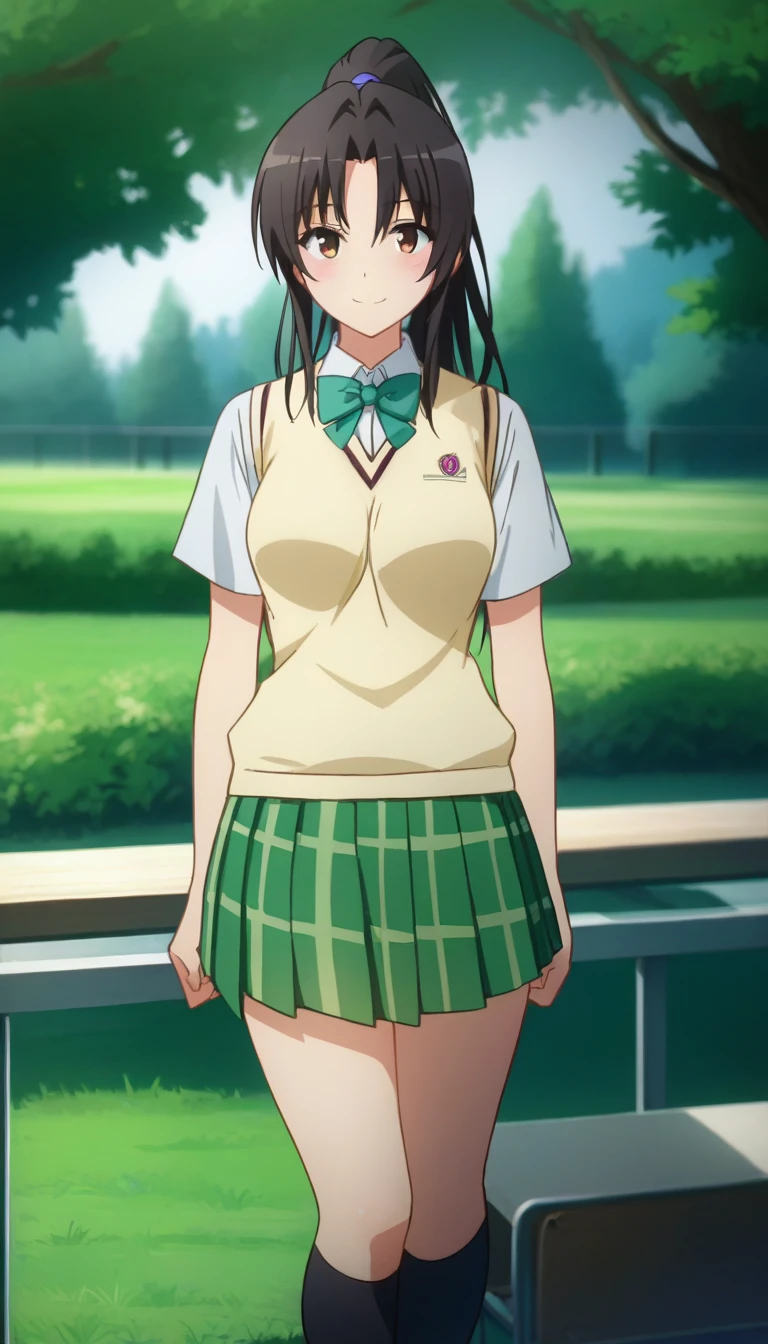 score_9,score_8_up,score_7_up,score_6_up BREAK official art,solo,outdoors,upper body,(portrait:1.5),looking at viewer,facing viewer,smile,blush,Kujo Rin,long hair,black hair,high ponytail,hair between eyes,parted bangs,brown eyes,school uniform,sweater vest,yellow vest,white shirt,collared shirt,green bowtie,short sleeves,medium breasts,miniskirt,green skirt,plaid skirt,pleated skirt,black socks,loafers,<lora:Kujo Rin(tlr)-Pony:1.6>,