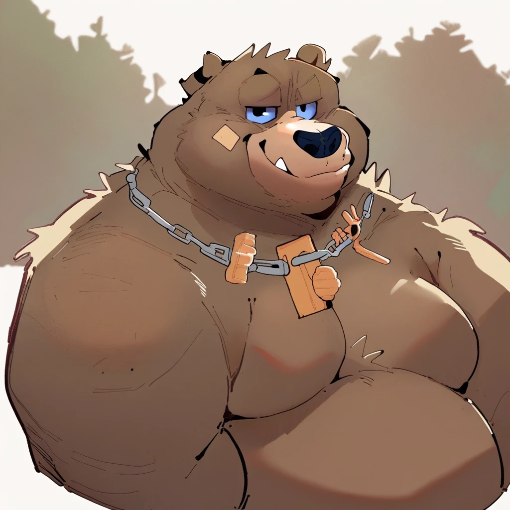 score_9, score_8_up, score_8, furry, B_bear, bear, blue eyes, chipped ear, necklace, cartoon style, 2d, overweight male, fat, moobs, face close up, upper body focus, solo, looking at viewer, smug expression, forest background